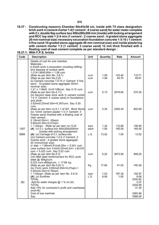 979
18.37 : Constructing masonry Chamber 60x45x50 cm, inside with 75 class designation
         brick work in cement mortar 1:4(1 cement : 4 coarse sand) for water meter complete
         with C.I. double flap surface box 400x200x200 mm (inside) with locking arrangement
         and RCC top slab 1:2:4 mix (1 cement : 2 coarse sand : 4 graded stone aggregate
         20 mm nominal size) necessary excavation foundation concrete 1:5:10 ( 1 cement:
         5 fine sand:10 graded stone aggregate 40 mm nominal size) and inside plastering
         with cement mortar 1:3 (1 cement: 3 coarse sand) 12 mm thick finished with a
         floating coat of neat cement complete as per standard design :
18.37.1: With F.P.S. bricks
 Code     Description                                       Unit   Quantity    Rate     Amount
          Details of cost for one chamber.
          Materials:-
         (i) Earth work in excavation including refilling
          and disposal of surplus earth
          1.21X1.06X0.85m = 1.09 cum
          (Rate as per item No. 2.8.1)                      cum     1.09       103.40    112.71
          (Rate as per item No.2.25                         cum     1.09        45.70     49.81
          (ii) Cement concrete 1:5:10 (1 Cement: 5 fine
          sand : 10 graded stone aggregate 40mm
          nominal size)
          1.21 x 1.06x0. lm=0.128cum. Say 0.13 cum.
          (Rate as per item No.4.11)                        cum     0.13      2079.60    270.35
          (iii) Second class brick work in cement mortar
          1:4 (1 Cement: 4 coarse sand) in foundations
          and plinth
          3.02mx0.23mx0.50m=0.347cum. Say 0.35
          cum.
          (Rate as per item no 6.1.1 of SH : Brick Work)    cum     0.35      2293.40    802.69
          (iv) 12mm cement plaster 1:3 (1 Cement: 3
          Coarse sand) finished with a floating coat of
          neat cement.
          2.10mx0.50m=l .05sqm.
          0.60mx0.45m=0.27sqm.
          = 1.32sqm. (Rate as per item no.13.9)             sqm     1.32       112.80    148.90
 1307     (A) (v) C.I. surface box 400x200x200mm            each    1.00       185.00    185.00
                   (inside) with locking arrangement
 9999     (A) (vi) Carriage of C.I. surface box             L.S.   13.52         1.00     13.52
          (vii) Cement concrete 1:2:4 (1 Cement: 2
          Coarse sand ; 4 graded stone aggregate
          20 mmnominal size)
          in slab = 1.06mx0.91mx0.25m = 0.241 cum.
          Less surface box 0.42x0.22mx0.2m= (-)0.018
          cum = 0.223 cum. Say 0.22 cum.
          (Rate as per item No.5.3)                         cum     0.22      3673.85    808.25
          (viii) Mild steel reinforcement for RCC work
          steel @ 80kg/cum.
          0.223 cum.x80kg/cum. = 17.84 kg.
          (Rate as per item No.5.22.1)                      Kg     17.84        41.50    740.36
          (ix) Form work 0.60mx0.45m=0.27sqm.+
          3.02mx0.25m=0.76sqm.
          = 1.03sqm. (Rate as per item No. 5.9.3)           sqm     1.03       187.35    192.97
          (A) (x) Sundries                                  L.S     8.06         1.00      8.06
          TOTAL                                                                         3332.62
  (B)      Add for water charges @ 1 % on (A)                                              2.07
          TOTAL                                                                         3334.69
          Add 15% for contractor’s profit and overheads                                   31.30
          on(A+B)
          Cost of one manhole                                                           3365.99
          Say                                                                           3366.00
 