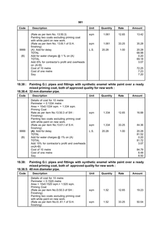 981

 Code      Description                                    Unit   Quantity   Rate    Amount

          (Rate as per item No. 13.50.3)                  sqm     1.061     12.65     13.42
          Painting two coats excluding priming coat
          with white paint on new work.
          (Rate as per item No. 13.6I.1 of S.H.           sqm     1.061     33.25     35.28
          finishing)
 9999     (A) Add for delay                               L.S.   20.28       1.00     20.28
          TOTAL                                                                       68.98
   (B)    Add for water charges @ 1 % on (A)                                           0.20
          TOTAL                                                                       69.18
          Add l5% for contractor’s profit and overheads                                3.07
          on (A+B)
          Cost of 10 metre                                                            72.25
          Cost of one metre                                                            7.23
          Say                                                                          7.20


18.38 :  Painting G.I. pipes and fittings with synthetic enamel white paint over a ready
         mixed priming coat, both of approved quality for new work :
18.38.4: 32 mm diameter pipe.
 Code      Description                                    Unit   Quantity   Rate    Amount
          Details of cost for 10 metre
          Perimeter = 0.1334 metre
          Area = 10x0.1334 sqm. = 1.334 sqm.
          Priming Coat
          Rate as per item No.13.50.3 of SH :             sqm     1.334     12.65     16.88
          Finishing)
          Painting two coats excluding priming coat
          with white paint on new work.
          (Rate as per item No.13.61.l of S.H.            sqm     1.334     33.25     44.36
          finishing)
 9999     (A) Add for delay                               L.S.   20.28       1.00     20.28
          TOTAL                                                                       81.52
   (B)    Add for water charges @ 1% on (A)                                            0.20
          TOTAL                                                                       81.72
          Add 15% for contractor’s profit and overheads                                3.07
          on(A+B)
          Cost of 10 metre                                                            84.79
          Cost of one metre                                                            8.48
          Say                                                                          8.50

18.38:   Painting G.I. pipes and fittings with synthetic enamel white paint over a ready
         mixed priming coat, both of approved quality for new work :
18.38.5: 40 mm diameter pipe.
 Code      Description                                    Unit   Quantity   Rate    Amount
          Details of cost for 10 metre
          Perimeter = 0.1520 metre
          Area = 10x0.1520 sqm.= 1.520 sqm.
          Priming Coat
          (Rate as per item No.l3.50.3 of SH :            sqm     1.52      12.65     19.23
          Finishing)
          Painting two coats excluding priming coat
          with white paint on new work.
          (Rate as per item No.l3..61.1 of S.H.           sqm     1.52      33.25     50.54
          finishing)
 