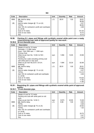 982

 Code     Description                                    Unit   Quantity   Rate    Amount
 9999    (A) Add for delay                               L.S.   26.91       1.00     26.91
         TOTAL                                                                       96.98
  (B)    Add for water charges @ 1 % on (A)                                           0.27
         TOTAL                                                                       96.95
         Add 15% for contractor’s profit and overheads                                4.08
         on (A+B)
         Cost of 10 metre                                                           101.03
         Cost of one metre                                                           10.10
         Say                                                                         10.10

18.38:   Painting G.I. pipes and fittings with synthetic enamel white paint over a ready
         mixed priming coat, both of approved quality for new work :
18.38.6: 50 mm diameter pipe.
 Code     Description                                    Unit   Quantity   Rate    Amount
         Details of cost for 10 metre
         Perimeter = 0.1894 metre
         Area= 10x0.1894 sqm. = 1.894 sqm.
         Priming Coat
         (Rate as per item No. 13.50.3 of SH :           sqm     1.894     12.65     23.96
         Finishing)
         Painting two coats excluding priming coat
         with white paint on new work.
         (Rate as per item No.l3.61.l of S.H.            sqm     1.894     33.25     62.98
         finishing)
 9999    (A) Add for delay                               L.S.   26.91       1.00     26.91
         TOTAL                                                                      113.85
  (B)    Add for water charges @ 1 % on (A)                                           0.27
         TOTAL                                                                      114.12
         Add 15% for contractor’s profit and overheads                                4.08
         on (A+B)
         Cost of 10 metre                                                           118.20
         Cost of one metre                                                           11.82
         Say                                                                         11.80

18.39 : Repainting G.I. pipes and fittings with synthetic enamel white paint of approved
        quality :
18.39.1: 15 mm diameter pipe.
 Code     Description                                    Unit   Quantity   Rate    Amount
         Details of cost for 10 metre
         Painting one coat with white paint on old
         work.
         (Rate as per item No. 14.54.1)                  sqm     0.673     22.85     15.38
 9999    (A) Add for delay                               L.S.    8.06       1.00      8.06
         TOTAL                                                                        0.08
  (B)    Add for water charges @ 1% on (A)                                           23.52
         TOTAL                                                                        1.22
         Add 15% for contractor’s profit and overheads
         on (A+B)
         Cost of 10 metre                                                            24.74
         Cost of one metre                                                            2.47
         Say                                                                          2.45
 