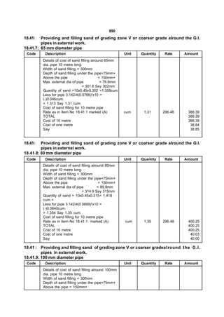 990
18.41:   Providing and filling sand of grading zone V or coarser grade alround the G.I.
         pipes in external work.
18.41.7: 65 mm diameter pipe
 Code     Description                                     Unit   Quantity    Rate    Amount
         Details of cost of sand filling alround 65mm
         dia. pipe 10 metre long.
         Width of sand filling = 300mm
         Depth of sand filling under the pipe=75mm+
         Above the pipe                       = 150mm+
         Max. external dia of pipe             = 76.6mm
                                   = 301.6 Say 302mm
         Quantity of sand =10x0.45x0.302 =1.359cum
         Less for pipe 3.142/4(0.0766)2x10 =
         (-)0.046cum.
         = 1.313 Say 1.31 cum.
         Cost of sand filling for 10 metre pipe
         Rate as in Item No 18.41.1 marked (A)            cum     1.31      296.48    388.39
         TOTAL                                                                        388.39
         Cost of 10 metre                                                             388.39
         Cost of one metre                                                             38.84
         Say                                                                           38.85


18.41:   Providing and filling sand of grading zone V or coarser grade alround the G.I.
         pipes in external work.
18.41.8: 80 mm diameter pipe
 Code     Description                                     Unit   Quantity    Rate    Amount
         Details of cost of sand filling alround 80mm
         dia. pipe 10 metre long.
         Width of sand filling = 300mm
         Depth of sand filling under the pipe=75mm+
         Above the pipe                       = 150mm+
         Max. external dia of pipe           = 89.9mm
                                   = 314.9 Say 315mm
         Quantity of sand = 10x0.45x0.315= 1.418
         cum.+
         Less for pipe 3.142/4(0.0899)2x10 =
         (-)0.0640cum.
         = 1.354 Say 1.35 cum.
         Cost of sand filling for 10 metre pipe
         Rate as in Item No 18.41.1 marked (A)            cum     1.35      296.48    400.25
         TOTAL                                                                        400.25
         Cost of 10 metre                                                             400.25
         Cost of one metre                                                             40.03
         Say                                                                           40.00

18.41 : Providing and filling sand of grading zone V or coarser gradealround the G.I.
         pipes in external work.
18.41.9: 100 mm diameter pipe
 Code     Description                                     Unit   Quantity    Rate    Amount
         Details of cost of sand filling alround 100mm
         dia. pipe 10 metre long.
         Width of sand filling = 300mm
         Depth of sand filling under the pipe=75mm+
         Above the pipe = 150mm+
 
