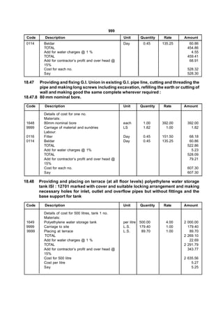 999
 Code      Description                                  Unit      Quantity    Rate    Amount
 0114     Beldar                                        Day        0.45      135.25     60.86
          TOTAL                                                                        454.86
          Add for water charges @ 1 %                                                    4.55
          TOTAL                                                                        459.41
          Add for contractor’s profit and over head @                                   68.91
          15%
          Cost for each no.                                                            528.32
          Say                                                                          528.30

18.47   Providing and fixing G.I. Union in existing G.I. pipe line, cutting and threading the
        pipe and making long screws including excavation, refilling the earth or cutting of
        wall and making good the same complete wherever required :
18.47.8 80 mm nominal bore.

 Code      Description                                  Unit      Quantity   Rate     Amount

          Details of cost for one no.
          Materials:
 1648     80mm nominal bore                             each       1.00      392.00    392.00
 9999     Carriage of material and sundries             LS         1.82        1.00      1.82
          Labour:
 0116     Fitter                                        Day        0.45      151.50     68.18
 0114     Beldar                                        Day        0.45      135.25     60.86
          TOTAL                                                                        522.86
          Add for water charges @ 1%                                                     5.23
          TOTAL                                                                        528.09
          Add for contractor’s profit and over head @                                   79.21
          15%
          Cost for each no.                                                            607.30
          Say                                                                          607.30

18.48   Providing and placing on terrace (at all floor levels) polyethylene water storage
        tank ISI : 12701 marked with cover and suitable locking arrangement and making
        necessary holes for inlet, outlet and overflow pipes but without fittings and the
        base support for tank

 Code      Description                                  Unit      Quantity   Rate     Amount

          Details of cost for 500 litres, tank 1 no.
          Materials:
 1649     Polyethylene water storage tank               per litre 500.00       4.00   2 000.00
 9999     Carriage to site                              L.S.      179.40       1.00     179.40
 9999     Placing at terrace                            L.S.       89.70       1.00      89.70
          TOTAL                                                                       2 269.10
          Add for water charges @ 1 %                                                    22.69
          TOTAL                                                                       2 291.79
          Add for contractor’s profit and over head @                                   343.77
          15%
          Cost for 500 litre                                                          2 635.56
          Cost per litre                                                                  5.27
          Say                                                                             5.25
 