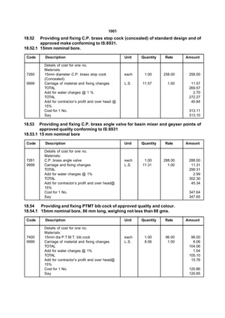 1001
18.52   Providing and fixing C.P. brass stop cock (concealed) of standard design and of
        approved make conforming to IS:8931.
18.52.1 15mm nominal bore.

 Code     Description                                   Unit   Quantity   Rate     Amount

          Details of cost for one no.
          Materials:
 7260     15mm diameter C.P. brass stop cock            each    1.00      258.00    258.00
          (Concealed)
 9999     Carriage of material and fixing changes       L.S.   11.57        1.00     11.57
          TOTAL                                                                     269.57
          Add for water charges @ 1 %                                                 2.70
          TOTAL                                                                     272.27
          Add for contractor’s profit and over head @                                40.84
          15%
          Cost for 1 No.                                                            313.11
          Say                                                                       313.10

18.53   Providing and fixing C.P. brass angle valve for basin mixer and geyser points of
        approved quality conforming to IS:8931
18.53.1 15 mm nominal bore

 Code     Description                                   Unit   Quantity   Rate     Amount

          Details of cost for one no.
          Materials:
 7261     C.P. brass angle valve                        each    1.00      288.00    288.00
 9999     Carriage and fixing changes                   L.S.   11.31        1.00     11.31
          TOTAL                                                                     299.31
          Add for water charges @ 1%                                                  2.99
          TOTAL                                                                     302.30
          Add for contractor’s profit and over head@                                 45.34
          15%
          Cost for 1 No.                                                            347.64
          Say                                                                       347.65

18.54   Providing and fixing PTMT bib cock of approved quality and colour.
18.54.1 15mm nominal bore, 86 mm long, weighing not less than 88 gms.

 Code     Description                                   Unit   Quantity   Rate     Amount

          Details of cost for one no.
          Materials:
 7400     15mm dia P.T.M.T. bib cock                    each    1.00       96.00     96.00
 9999     Carriage of material and fixing changes       L.S.    8.06        1.00      8.06
          TOTAL                                                                     104.06
          Add for water charges @ 1%                                                  1.04
          TOTAL                                                                     105.10
          Add for contractor’s profit and over head@                                 15.76
          15%
          Cost for 1 No.                                                            120.86
          Say                                                                       120.85
 
