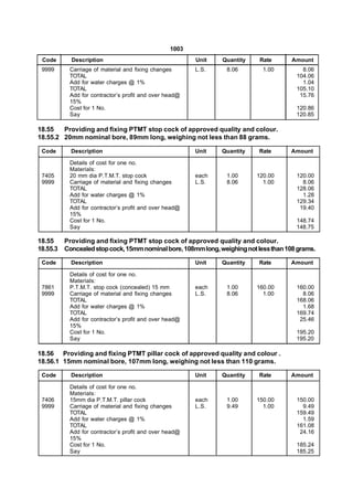 1003
 Code       Description                                 Unit   Quantity     Rate      Amount
 9999      Carriage of material and fixing changes      L.S.    8.06         1.00         8.06
           TOTAL                                                                        104.06
           Add for water charges @ 1%                                                     1.04
           TOTAL                                                                        105.10
           Add for contractor’s profit and over head@                                    15.76
           15%
           Cost for 1 No.                                                               120.86
           Say                                                                          120.85

18.55   Providing and fixing PTMT stop cock of approved quality and colour.
18.55.2 20mm nominal bore, 89mm long, weighing not less than 88 grams.

 Code       Description                                 Unit   Quantity    Rate       Amount

           Details of cost for one no.
           Materials:
 7405      20 mm dia P.T.M.T. stop cock                 each    1.00       120.00       120.00
 9999      Carriage of material and fixing changes      L.S.    8.06         1.00         8.06
           TOTAL                                                                        128.06
           Add for water charges @ 1%                                                     1.28
           TOTAL                                                                        129.34
           Add for contractor’s profit and over head@                                    19.40
           15%
           Cost for 1 No.                                                               148.74
           Say                                                                          148.75

18.55     Providing and fixing PTMT stop cock of approved quality and colour.
18.55.3   Concealed stop cock, 15mm nominal bore, 108mm long, weighing not less than 108 grams.

 Code       Description                                 Unit   Quantity    Rate       Amount

           Details of cost for one no.
           Materials:
 7861      P.T.M.T. stop cock (concealed) 15 mm         each    1.00       160.00       160.00
 9999      Carriage of material and fixing changes      L.S.    8.06         1.00         8.06
           TOTAL                                                                        168.06
           Add for water charges @ 1%                                                     1.68
           TOTAL                                                                        169.74
           Add for contractor’s profit and over head@                                    25.46
           15%
           Cost for 1 No.                                                               195.20
           Say                                                                          195.20

18.56 Providing and fixing PTMT pillar cock of approved quality and colour .
18.56.1 15mm nominal bore, 107mm long, weighing not less than 110 grams.

 Code       Description                                 Unit   Quantity    Rate       Amount

           Details of cost for one no.
           Materials:
 7406      15mm dia P.T.M.T. pillar cock                each    1.00       150.00       150.00
 9999      Carriage of material and fixing changes      L.S.    9.49         1.00         9.49
           TOTAL                                                                        159.49
           Add for water charges @ 1%                                                     1.59
           TOTAL                                                                        161.08
           Add for contractor’s profit and over head@                                    24.16
           15%
           Cost for 1 No.                                                               185.24
           Say                                                                          185.25
 