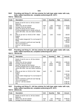 1010
18.61   Providing and fixing C.I. dirt box strainer for bulk type water meter with nuts,
        bolts, rubber insertions etc. complete conforming to IS : 2373 :
18.61.2 100mm dia.

 Code     Description                                     Unit   Quantity     Rate     Amount

          Details of cost for one no. dirt box strainer
          Materials:
 7423     100mm dia. dirt box strainer                    each    1.00      3 750.00   3 750.00
 9999     Carriage of dirt box strainer                   L.S.   26.00          1.00      26.00
 9999     Labour for faying dirt box strainer             L.S.   52.00          1.00      52.00
          Providing flanged joints to double acting air
          valves with bolts, nuts and rubber insertions
          etc.
  (A)     (Rate as per item no 18.30.2 of SH : Water      each    2.00       113.00     226.00
          Supply)
          TOTAL                                                                        4 054.00
          Add for water charges @ 1% on all except ‘A’                                    38.28
          TOTAL                                                                        4 092.28
          Add for contractor’s profit and over head @                                    579.94
          15% on all except ‘A’
          Cost for 1 dirt box strainer                                                 4 672.22
          Say                                                                          4 672.20

18.61   Providing and fixing C.I. dirt box strainer for bulk type water meter with nuts,
        bolts, rubber insertions etc. complete conforming to IS : 2373 :
18.61.3 150 mm dia

 Code     Description                                     Unit   Quantity     Rate     Amount

          Details of cost for one no. dirt box strainer
          Materials:
 7424     150mm dia. dirt box strainer                    each    1.0       4850.00    4 850.00
 9999     Carriage of dirt box strainer                   L.S.   39.00         1.00       39.00
 9999     Labour for faying dirt box strainer             L.S.   65.00         1.00       65.00
          Providing flanged joints to double acting air
          valves with bolts, nuts and rubber insertions
          etc.
  (A)     (Rate as per item no 18.30.4 of SH : Water      each    2.0        156.90     313.80
          Supply)
          TOTAL                                                                        5 267.80
          Add for water charges @ 1% on all except ‘A’                                    49.54
          TOTAL                                                                        5 317.34
          Add for contractor’s profit and over head @                                    750.53
          15% on all except ‘A’
          Cost for 1 dirt box strainer                                                 6 067.87
          Say                                                                          6 067.85

18.61   Providing and fixing C.I. dirt box strainer for bulk type water meter with nuts,
        bolts, rubber insertions etc. complete conforming to IS : 2373 :
18.61.4 200mm dia

 Code     Description                                     Unit   Quantity     Rate     Amount

          Details of cost for one no. dirt box strainer
          Materials:
 7425     200mm dia. dirt box strainer                    each    1.00      6 800.00   6 800.00
 9999     Carriage of dirt box strainer                   L.S.   52.00          1.00      52.00
 