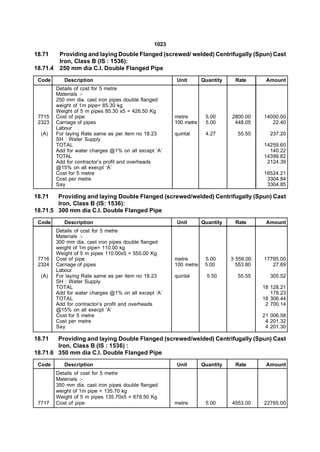 1023
18.71      Providing and laying Double Flanged (screwed/ welded) Centrifugally (Spun) Cast
           Iron, Class B (IS : 1536):
18.71.4    250 mm dia C.I. Double Flanged Pipe
 Code        Description                                  Unit       Quantity    Rate       Amount
          Details of cost for 5 metre
          Materials :-
          250 mm dia. cast iron pipes double flanged
          weight of 1m pipe= 85.30 kg
          Weight of 5 m pipes 85.30 x5 = 426.50 Kg
 7715     Cost of pipe                                   metre        5.00      2800.00    14000.00
 2323     Carriage of pipes                              100 metre    5.00       448.05       22.40
          Labour
  (A)     For laying Rate same as per item no 18.23      quintal      4.27        55.55      237.20
          SH : Water Supply
          TOTAL                                                                            14259.60
          Add for water charges @1% on all except ‘A’                                        140.22
          TOTAL                                                                            14399.82
          Add for contractor’s profit and overheads                                         2124.39
          @15% on all execpt ‘A’
          Cost for 5 metre                                                                 16524.21
          Cost per metre                                                                    3304.84
          Say                                                                               3304.85

18.71   Providing and laying Double Flanged (screwed/welded) Centrifugally (Spun) Cast
        Iron, Class B (IS: 1536):
18.71.5 300 mm dia C.I. Double Flanged Pipe
 Code        Description                                  Unit       Quantity    Rate       Amount
          Details of cost for 5 metre
          Materials :-
          300 mm dia. cast iron pipes double flanged
          weight of 1m pipe= 110.00 kg
          Weight of 5 m pipes 110.00x5 = 550.00 Kg
 7716     Cost of pipe                                   metre        5.00      3 559.00   17795.00
 2324     Carriage of pipes                              100 metre    5.00        553.80      27.69
          Labour
  (A)     For laying Rate same as per item no 18.23      quintal       5.50       55.55      305.52
          SH : Water Supply
          TOTAL                                                                            18 128.21
          Add for water charges @1% on all except ‘A’                                         178.23
          TOTAL                                                                            18 306.44
          Add for contractor’s profit and overheads                                         2 700.14
          @15% on all execpt ‘A’
          Cost for 5 metre                                                                 21 006.58
          Cost per metre                                                                    4 201.32
          Say                                                                               4 201.30

18.71   Providing and laying Double Flanged (screwed/welded) Centrifugally (Spun) Cast
        Iron, Class B (IS : 1536) :
18.71.6 350 mm dia C.I. Double Flanged Pipe
 Code        Description                                  Unit       Quantity    Rate       Amount
          Details of cost for 5 metre
          Materials :-
          350 mm dia. cast iron pipes double flanged
          weight of 1m pipe = 135.70 kg
          Weight of 5 m pipes 135.70x5 = 678.50 Kg
 7717     Cost of pipe                                   metre        5.00      4553.00    22765.00
 