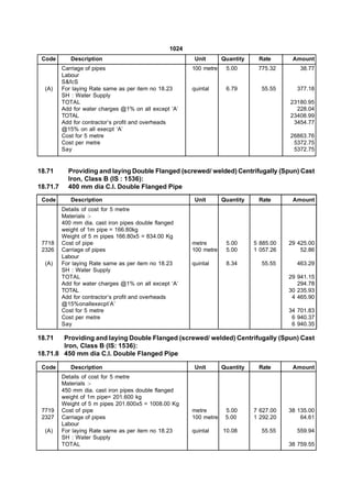 1024
 Code        Description                                 Unit       Quantity    Rate       Amount
          Carriage of pipes                             100 metre    5.00       775.32        38.77
          Labour
          S&fcS
  (A)     For laying Rate same as per item no 18.23     quintal      6.79        55.55      377.18
          SH : Water Supply
          TOTAL                                                                           23180.95
          Add for water charges @1% on all except ‘A’                                       228.04
          TOTAL                                                                           23408.99
          Add for contractor’s profit and overheads                                        3454.77
          @15% on all execpt ‘A’
          Cost for 5 metre                                                                26863.76
          Cost per metre                                                                   5372.75
          Say                                                                              5372.75


18.71       Providing and laying Double Flanged (screwed/ welded) Centrifugally (Spun) Cast
            Iron, Class B (IS : 1536):
18.71.7     400 mm dia C.I. Double Flanged Pipe
 Code        Description                                 Unit       Quantity    Rate       Amount
          Details of cost for 5 metre
          Materials :-
          400 mm dia. cast iron pipes double flanged
          weight of 1m pipe = 166.80kg
          Weight of 5 m pipes 166.80x5 = 834.00 Kg
 7718     Cost of pipe                                  metre        5.00      5 885.00   29 425.00
 2326     Carriage of pipes                             100 metre    5.00      1 057.26       52.86
          Labour
  (A)     For laying Rate same as per item no 18.23     quintal      8.34        55.55      463.29
          SH : Water Supply
          TOTAL                                                                           29 941.15
          Add for water charges @1% on all except ‘A’                                        294.78
          TOTAL                                                                           30 235.93
          Add for contractor’s profit and overheads                                        4 465.90
          @15%onallexecpt’A’
          Cost for 5 metre                                                                34 701.83
          Cost per metre                                                                   6 940.37
          Say                                                                              6 940.35

18.71   Providing and laying Double Flanged (screwed/ welded) Centrifugally (Spun) Cast
        Iron, Class B (IS: 1536):
18.71.8 450 mm dia C.I. Double Flanged Pipe

 Code        Description                                 Unit       Quantity    Rate       Amount
          Details of cost for 5 metre
          Materials :-
          450 mm dia. cast iron pipes double flanged
          weight of 1m pipe= 201.600 kg
          Weight of 5 m pipes 201.600x5 = 1008.00 Kg
 7719     Cost of pipe                                  metre        5.00      7 627.00   38 135.00
 2327     Carriage of pipes                             100 metre    5.00      1 292.20       64.61
          Labour
  (A)     For laying Rate same as per item no 18.23     quintal     10.08        55.55      559.94
          SH : Water Supply
          TOTAL                                                                           38 759.55
 