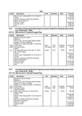 1025
 Code        Description                                 Unit       Quantity     Rate       Amount
          Add for water charges @1% on all except ‘A’                                         382.00
          TOTAL                                                                            39 141.55
          Add for contractor’s profit and overheads                                         5 787.24
          @15% on all execpt ‘A’
          Cost for 5 metre                                                                 44 928.79
          Cost per metre                                                                    8 985.76
          Say                                                                               8 985.75

18.71      Providing and laying Double Flanged (screwed/ welded) Centrifugally (Spun) Cast
           Iron, Class B (IS : 1536):
18.71.9    500 mm dia C.I. Double Flanged Pipe
 Code        Description                                 Unit       Quantity     Rate       Amount
          Details of cost for 5 metre
          Materials :-
          500 mm dia. cast iron pipes double flanged
          weight of 1m pipe= 234.80 kg
          Weight of 5 m pipes 234.80x5 = 1174.00 Kg
 7720     Cost of pipe                                  metre        5.00       9 962.00   49 810.00
 2328     Carriage of pipes                             100 metre    5.00        1292.20       64.61
          Labour
 (A)      For laying Rate same as per item no 18.23     quintal     11.74         55.55      652.16
          SH : Water Supply
          TOTAL                                                                            50 526.77
          Add for water charges @1% on all except ‘A’                                         498.75
          TOTAL                                                                             51025.52
          Add for contractor’s profit and overheads                                         7 556.00
          @15%onalIexecpt’A’
          Cost for 5 metre                                                                 58 581.52
          Cost per metre                                                                   11 716.30
          Say                                                                              11 716.30


18.71    Providing and laying Double Flanged (screwed/ welded) Centrifugally (Spun) Cast
         Iron, Class B (IS : 1536):
18.71.10 600 mm dia C.I. Double Flanged Pipe

 Code        Description                                 Unit       Quantity     Rate       Amount
          Details of cost for 5 metre
          Materials :-
          600 mm dia. cast iron pipes double flanged
          weight of 1m pipe= 315.30kg
          Weight of 5 m pipes 315.30x5 = 1576.50 Kg
 7721     Cost of pipe                                  metre        5.00      12 992.00   64 960.00
 2329     Carriage of pipes                             100 metre    5.00        1938.30       96.92
          Labour for laying
  (A)     Rate same as per item no 18.23 of SH :        quintal     15.77         55.55      876.02
          Water Supply
          TOTAL                                                                            65 932.94
          Add for water charges @1% on all except ‘A’                                         650.57
          TOTAL                                                                            66 583.51
          Add for contractor’s profit and overheads                                         9 856.12
          @15%on all execpt’A’
          Cost for 5 metre                                                                 76 439.63
          Cost per metre                                                                   15 287.93
          Say                                                                              15 287.90
 