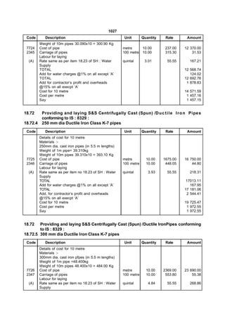 1027
 Code        Description                                   Unit       Quantity    Rate      Amount
          Weight of 10m pipes 30.090x10 = 300.90 Kg
 7724     Cost of pipe                                    metre     10.00         237.00   12 370.00
 2345     Carriage of pipes                               100 metre 10.00         315.30       31.53
          Labour for laying
  (A)     Rate same as per item 18.23 of SH : Water       quintal      3.01        55.55     167.21
          Supply
          TOTAL                                                                            12 568.74
          Add for water charges @1% on all except ‘A’                                         124.02
          TOTAL                                                                            12 692.76
          Add for contractor’s profit and overheads                                         1 878.83
          @15% on all execpt ‘A’
          Cost for 10 metre                                                                14 571.59
          Cost per metre                                                                    1 457.16
          Say                                                                               1 457.15


18.72      Providing and laying S&S Centrifugally Cast (Spun) /D u c t i l e I r o n Pipes
           conforming to IS : 8329 :
18.72.4    250 mm dia Ductile Iron Class K-7 pipes
 Code        Description                                   Unit       Quantity    Rate      Amount
          Details of cost for 10 metre
          Materials :-
          250mm dia. cast iron pipes (in 5.5 m lengths)
          Weight of 1m pipe= 39.310kg
          Weight of 10m pipes 39.310x10 = 393.10 Kg
 7725     Cost of pipe                                    metre         10.00    1675.00   16 750.00
 2346     Carriage of pipes                               100 metre     10.00     448.05       44.80
          Labour for laying
  (A)     Rate same as per item no 18.23 of SH : Water    quintal        3.93      55.55     218.31
          Supply
          TOTAL                                                                             17013.11
          Add for water charges @1% on all except ‘A’                                         167.95
          TOTAL                                                                            17 181.06
          Add, for contractor’s profit and overheads                                        2 544.41
          @15% on all execpt ‘A’
          Cost for 10 metre                                                                19 725.47
          Cost per metre                                                                    1 972.55
          Say                                                                               1 972.55


18.72   Providing and laying S&S Centrifugally Cast (Spun) /Ductile IronPipes conforming
        to IS : 8329 :
18.72.5 300 mm dia Ductile Iron Class K-7 pipes
 Code        Description                                   Unit       Quantity    Rate      Amount
          Details of cost for 10 metre
          Materials :-
          300mm dia. cast iron pfpes (in 5.5 m lengths)
          Weight of 1m pipe =48.400kg
          Weight of 10m pipes 48.400x10 = 484.00 Kg
 7726     Cost of pipe                                    metre         10.00    2369.00   23 690.00
 2347     Carriage of pipes                               100 metre     10.00     553.80       55.38
          Labour for laying
  (A)     Rate same as per item no 18.23 of SH : Water    quintal        4.84      55.55     268.86
          Supply
 
