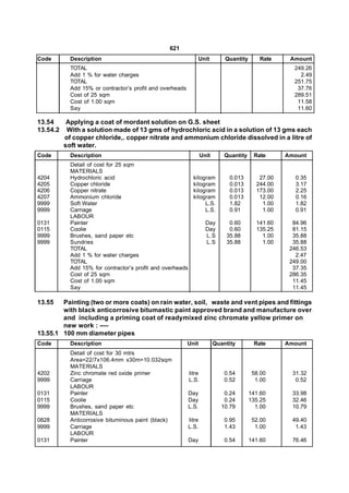 621
Code      Description                                            Unit        Quantity      Rate     Amount
          TOTAL                                                                                      249.26
          Add 1 % for water charges                                                                    2.49
          TOTAL                                                                                      251.75
          Add 15% or contractor’s profit and overheads                                                37.76
          Cost of 25 sqm                                                                             289.51
          Cost of 1.00 sqm                                                                            11.58
          Say                                                                                         11.60

13.54    Applying a coat of mordant solution on G.S. sheet
13.54.2 With a solution made of 13 gms of hydrochloric acid in a solution of 13 gms each
        of copper chloride,. copper nitrate and ammonium chloride dissolved in a litre of
        soft water.
Code      Description                                             Unit       Quantity    Rate      Amount
          Detail of cost for 25 sqm
          MATERIALS
4204      Hydrochloric acid                                 kilogram          0.013        27.00      0.35
4205      Copper chloride                                   kilogram          0.013       244.00      3.17
4206      Copper nitrate                                    kilogram          0.013       173.00      2.25
4207      Ammonium chloride                                 kilogram          0.013        12.00      0.16
9999      Soft Water                                             L.S.         1.82          1.00      1.82
9999      Carriage                                               L.S.         0.91          1.00      0.91
          LABOUR
0131      Painter                                                   Day       0.60        141.60     84.96
0115      Coolie                                                    Day       0.60        135.25     81.15
9999      Brushes, sand paper etc                                   L.S      35.88          1.00     35.88
9999      Sundries                                                  L.S      35.88          1.00     35.88
          TOTAL                                                                                     246.53
          Add 1 % for water charges                                                                   2.47
          TOTAL                                                                                     249.00
          Add 15% for contractor’s profit and overheads                                              37.35
          Cost of 25 sqm                                                                            286.35
          Cost of 1.00 sqm                                                                           11.45
          Say                                                                                        11.45

13.55   Painting (two or more coats) on rain water, soil, waste and vent pipes and fittings
        with black anticorrosive bitumastic paint approved brand and manufacture over
        and including a priming coat of readymixed zinc chromate yellow primer on
        new work : -—
13.55.1 100 mm diameter pipes
Code      Description                                    Unit            Quantity        Rate      Amount
          Detail of cost for 30 mtrs
          Area=22/7x106.4mm x30m=10.032sqm
          MATERIALS
4202      Zinc chromate red oxide primer                  litre              0.54        58.00       31.32
9999      Carriage                                        L.S.               0.52         1.00        0.52
          LABOUR
0131      Painter                                         Day                0.24       141.60       33.98
0115      Coolie                                          Day                0.24       135.25       32.46
9999      Brushes, sand paper etc                         L.S.              10.79         1.00       10.79
          MATERIALS
0828      Anticorrosive bituminous paint (black)          litre              0.95        52.00       49.40
9999      Carriage                                        L.S.               1.43         1.00        1.43
          LABOUR
0131      Painter                                         Day                0.54       141.60       76.46
 