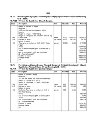 1038

18.72    Providing and laying S&S Centrifiigally Cast (Spun) / Ductile Iron Pipes conforming
         to IS : 8329 :
18.72.29 1000 mm dia Ductile Iron Class K-9 pipes.
 Code     Description                                     Unit        Quantity      Rate     Amount
          Details of cost for 10 metre
          Materials :-
          1000 mm dia. cast irori pipes (in 5.5 m
          lengths)
          Weight of 1m pipe = 380.190 kg
          Weight of 10m pipes 380.190x10 = 3801.90 Kg
 7665     Cost of pipe                                    metre       10.00      13125.00   131250.00
 2334     Carriage of pipes                               100 metre   10.00       3876.61      387.66
          Labour for laying
  (A)      Rate same as per item no 18.23 of SH : Water   quintal     38.019        55.55     2111.96
          Supply
          TOTAL                                                                             133749.62
          Add for water charges @1% on all except ‘A’                                         1316.38
          TOTAL                                                                             135066.91
          Add for contractor’s profit and overheads                                          19943.11
          @ 15% onall execpt’A’
          Cost for 10 metre                                                                 155009.91
          Cost per metre                                                                     15500.91
          Say                                                                                15500.90


18.73     Providing and laying Double Flanged (Screwed/ Welded) Centrifugally (Spun)
          Ductile Iron Pipes of Class K 9 conforming to IS : 8329 :
18.73.1   100 mm dia Ductile Iron Double Flanged
Code      Description                                     Unit        Quantity      Rate     Amount
          Details of cost for 5 metre
          Materials :-
          100 mm dia. ductile iron pipes double flanged
          Weight of 1m pipe = 21.700 kg
          Weight of 10m pipes 21.700x5 = 108.50 Kg
 7686     Cost of pipe                                    metre       5.00        1888.00     9440.00
 2319     Carriage of pipes                               100 metre   5.00         116.30        5.82
          Labour for laying
  (A)     For laying Rate same as per item no 18.23 of    quintal     1.09          55.55       60.55
          SH : Water Supply
          TOTAL                                                                               9506.37
          Add for water charges @1% on all except ‘A’                                           94.46
          TOTAL                                                                               9600.83
          Add for contractor’s profit and overheads                                           1431.04
          @ 15% onall execpt’A’
          Cost for 10 metre                                                                  11031.87
          Cost per metre                                                                      2206.37
          Say                                                                                 2206.35
 