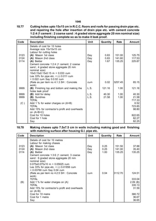 1046
18.77    Cutting holes upto 15x15 cm in R.C.C. floors and roofs for passing drain pipe etc.
         and repairing the hole after insertion of drain pipe etc. with cement concrete
         1:2:4 (1 cement : 2 coarse sand : 4 graded stone aggregate 20 mm nominal size)
         including finishing complete so as to make it leak proof.
Code     Description                                     Unit   Quantity     Rate    Amount
         Details of cost for 10 holes
         Average size 15x15x15 cm
         Labour for cutting holes
 0123    (A) Mason 1st class                             Day      0.83      151.00    125.75
 0124    (A) Mason 2nd class                             Day      0.83      141.60    117.53
 0114    (A) Beldar                                      Day      1.67      135.25    225.87
         Cement concrete 1:2:4 (1 cement: 2 coarse
         sand ; 4 graded stone aggregate 20 mm
         nominal size)
         10x0.15x0.15x0.15 m = 0.033 cum
         Les 33% for pipe etc. = (-) 0.011 cum
         = 0.022 cum Say 0.0.02 cum
         (Rate as per item no 4.1.3 SH : Concrete        cum      0.02     3257.45     65.15
         work)
 9999    (B) Finishing top and bottom and making the     L.S.   121.16        1.00    121.16
         holes leak proof
 9999    (B) Add for delay                               L.S.    40.30        1.00     40.30
 9999    (B) Sundries                                    L.S.    21.58        1.00     21.58
         TOTAL                                                                        717.33
  (C )   Add 1 % for water charges on (A+B)                                             6.52
         TOTAL                                                                        723.85
         Add 15% for contractor’s profit and overheads                                 98.80
         on (A+B+C)
         Cost for 10 holes                                                            822.65
         Cost for 1 hole                                                               82.27
         Say                                                                           82.25

18.78    Making chases upto 7.5x7.5 cm in wails including making good and finishing
         with matching surface after housing G.I. pipe etc.
Code     Description                                     Unit   Quantity     Rate    Amount
         Details of cost for 10 metres
         Labour for making chases
 0123    (A) Mason 1st class                             Day    0.25        151.50     37.88
 0124    (A) Mason 2nd class                             Day    0.25        141.00     35.40
 0114    (A) Beldar                                      Day    1.00        135.25    135.25
         Cement concrete 1:3:6 (1 cement: 3 coarse
         sand : 6 graded stone aggregate 20 mm
         nominal size)
         0.075x0.075x10 m = 0.05625 cum
         Les 33% for pipe etc. = (-) 0.01856 cum
         = 0.03769 cum Say 0.04 cum
         (Rate as per item no 4.2.5 SH : Concrete        cum    0.04       3112.70    124.51
         work)
         TOTAL                                                                        333.04
  (B)    Add 1 % for water charges on (A)                                            2.09 (B)
         TOTAL                                                                        335.13
         Add 15% for contractor’s profit and overheads                                  31.59
         on (A+B)
         Cost for 10 metre                                                            366.72
         Cost for 1 metre                                                              36.67
         Say                                                                           36.65
 