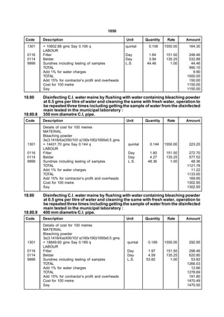 1050

Code      Description                                       Unit       Quantity    Rate     Amount
 1301     = 10602.88 gms Say 0.106 q                        quintal      0.106    1550.00    164.30
          LABOUR
 0116     Fitter                                            Day         1.64       151.50    248.46
 0114     Beldar                                            Day         3.94       135.25    532.88
 9999     Sundries including testing of samples             L.S.       44.46         1.00     44.46
          TOTAL                                                                              990.10
          Add 1% for water charges                                                             9.90
          TOTAL                                                                             1000.00
          Add 15% for contractor’s profit and overheads                                      150.00
          Cost for 100 metre                                                                1150.00
          Say                                                                               1150.00

18.80     Disinfecting C.I. water mains by flushing with water containing bleaching powder
          at 0.5 gms per litre of water and cleaning the same with fresh water, operation to
          be repeated three times including getting the sample of water from the disinfected
          main tested in the municipal laboratory :
18.80.8   350 mm diametre C.I, pipe.
Code      Description                                       Unit       Quantity    Rate     Amount
          Details of cost for 100 metres
          MATERIAL
          Bleaching powder
          3x(3.1416/4)x(350/10)2 x(100x100)/1000x0.5 gms.
 1301     = 14431.70 gms Say 0.144 q                         quintal     0.144    1550.00    223.20
          LABOUR
 0116     Fitter                                             Day         1.80      151.50    272.70
 0114     Beldar                                             Day         4.27      135.25    577.52
 9999     Sundries including testing of samples              L.S.       48.36        1.00     48.36
          TOTAL                                                                             1121.78
          Add 1% for water charges                                                            11.22
          TOTAL                                                                             1133.00
          Add 15% for contractor’s profit and overheads                                      169.95
          Cost for 100 metre                                                                1302.95
          Say                                                                               1302.95

18.80     Disinfecting C.I. water mains by flushing with water containing bleaching powder
          at 0.5 gms per litre of water and cleaning the same with fresh water, operation to
          be repeated three times including getting the sample of water from the disinfected
          main tested in the municipal laboratory :
18.80.9   400 mm diametre C.I. pipe.
Code      Description                                       Unit       Quantity    Rate     Amount
          Details of cost for 100 metres
          MATERIAL
          Bleaching powder
          3x(3.1416/4)x(400/10)2 x(100x100)/1000x0.5 gms.
 1301     = 18849.60 gms Say 0.189 q                         quintal    0.189     1550.00    292.95
          LABOUR
 0116     Fitter                                             Day        1.97       151.50    298.46
 0114     Beldar                                             Day        4.59       135.25    620.80
 9999     Sundries including testing of samples              L.S.      53.82         1.00     53.82
          TOTAL                                                                             1266.03
          Add 1% for water charges                                                            12.66
          TOTAL                                                                             1278.69
          Add 15% for contractor’s profit and overheads                                      191.80
          Cost for 100 metre                                                                1470.49
          Say                                                                               1470.50
 