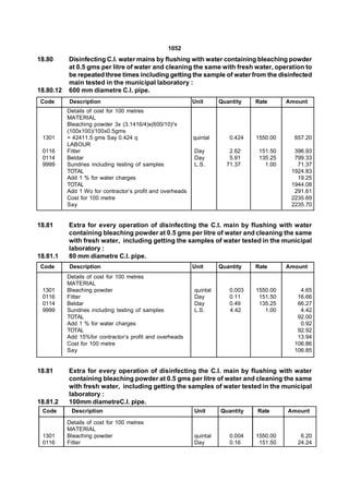 1052
18.80      Disinfecting C.I. water mains by flushing with water containing bleaching powder
           at 0.5 gms per litre of water and cleaning the same with fresh water, operation to
           be repeated three times including getting the sample of water from the disinfected
           main tested in the municipal laboratory :
18.80.12   600 mm diametre C.I. pipe.
 Code      Description                                      Unit      Quantity   Rate      Amount
           Details of cost for 100 metres
           MATERIAL
           Bleaching powder 3x (3.1416/4)x(600/10)2x
           (100x100)/100x0.5gms
 1301      = 42411.5 gms Say 0.424 q                        quintal      0.424   1550.00     657.20
           LABOUR
 0116      Fitter                                           Day          2.62     151.50     396.93
 0114      Beldar                                           Day          5.91     135.25     799.33
 9999      Sundries including testing of samples            L.S.        71.37       1.00      71.37
           TOTAL                                                                            1924.83
           Add 1 % for water charges                                                          19.25
           TOTAL                                                                            1944.08
           Add 1 Wo for contractor’s profit and overheads                                    291.61
           Cost for 100 metre                                                               2235.69
           Say                                                                              2235.70


18.81      Extra for every operation of disinfecting the C.I. main by flushing with water
           containing bleaching powder at 0.5 gms per litre of water and cleaning the same
           with fresh water, including getting the samples of water tested in the municipal
           laboratory :
18.81.1    80 mm diametre C.I. pipe.
 Code      Description                                      Unit      Quantity   Rate      Amount
           Details of cost for 100 metres
           MATERIAL
 1301      Bleaching powder                                 quintal      0.003   1550.00       4.65
 0116      Fitter                                           Day          0.11     151.50      16.66
 0114      Beldar                                           Day          0.49     135.25      66.27
 9999      Sundries including testing of samples            L.S.         4.42       1.00       4.42
           TOTAL                                                                              92.00
           Add 1 % for water charges                                                           0.92
           TOTAL                                                                              92.92
           Add 15%for contractor’s profit and overheads                                       13.94
           Cost for 100 metre                                                                106.86
           Say                                                                               106.85


18.81      Extra for every operation of disinfecting the C.I. main by flushing with water
           containing bleaching powder at 0.5 gms per litre of water and cleaning the same
           with fresh water, including getting the samples of water tested in the municipal
           laboratory :
18.81.2    100mm diametreC.I. pipe.
 Code       Description                                     Unit      Quantity   Rate      Amount

           Details of cost for 100 metres
           MATERIAL
 1301      Bleaching powder                                 quintal      0.004   1550.00       6.20
 0116      Fitter                                           Day          0.16     151.50      24.24
 