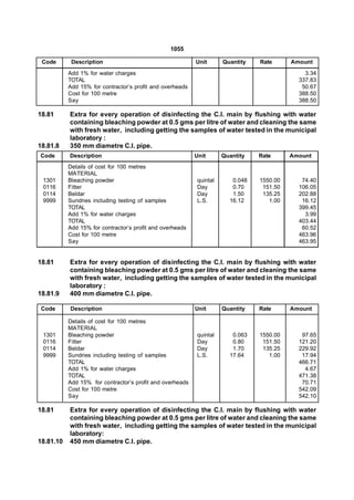 1055

 Code       Description                                    Unit      Quantity   Rate      Amount
           Add 1% for water charges                                                           3.34
           TOTAL                                                                            337.83
           Add 15% for contractor’s profit and overheads                                     50.67
           Cost for 100 metre                                                               388.50
           Say                                                                              388.50

18.81      Extra for every operation of disinfecting the C.I. main by flushing with water
           containing bleaching powder at 0.5 gms per litre of water and cleaning the same
           with fresh water, including getting the samples of water tested in the municipal
           laboratory :
18.81.8    350 mm diametre C.I. pipe.
Code       Description                                     Unit      Quantity   Rate      Amount
           Details of cost for 100 metres
           MATERIAL
 1301      Bleaching powder                                quintal      0.048   1550.00      74.40
 0116      Fitter                                          Day          0.70     151.50     106.05
 0114      Beldar                                          Day          1.50     135.25     202.88
 9999      Sundries including testing of samples           L.S.        16.12       1.00      16.12
           TOTAL                                                                            399.45
           Add 1% for water charges                                                           3.99
           TOTAL                                                                            403.44
           Add 15% for contractor’s profit and overheads                                     60.52
           Cost for 100 metre                                                               463.96
           Say                                                                              463.95


18.81      Extra for every operation of disinfecting the C.I. main by flushing with water
           containing bleaching powder at 0.5 gms per litre of water and cleaning the same
           with fresh water, including getting the samples of water tested in the municipal
           laboratory :
18.81.9    400 mm diametre C.I. pipe.

 Code      Description                                     Unit      Quantity   Rate      Amount

           Details of cost for 100 metres
           MATERIAL
 1301      Bleaching powder                                quintal      0.063   1550.00      97.65
 0116      Fitter                                          Day          0.80     151.50     121.20
 0114      Beldar                                          Day          1.70     135.25     229.92
 9999      Sundries including testing of samples           L.S.        17.64       1.00      17.94
           TOTAL                                                                            466.71
           Add 1% for water charges                                                           4.67
           TOTAL                                                                            471.38
           Add 15% for contractor’s profit and overheads                                     70.71
           Cost for 100 metre                                                               542.09
           Say                                                                              542.10

18.81      Extra for every operation of disinfecting the C.I. main by flushing with water
           containing bleaching powder at 0.5 gms per litre of water and cleaning the same
           with fresh water, including getting the samples of water tested in the municipal
           laboratory:
18.81.10   450 mm diametre C.I. pipe.
 