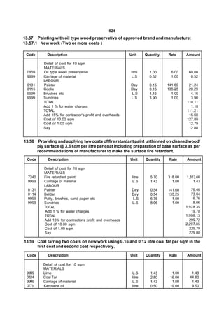 624
13.57 Painting with oil type wood preservative of approved brand and manufacture:
13.57.1 New work (Two or more coats )

 Code         Description                                   Unit     Quantity   Rate     Amount

            Detail of cost for 10 sqm
            MATERIALS
 0859       Oil type wood preservative                       litre     1.00       6.00    60.00
 9999       Carriage of material                             L.S       0.52       1.00     0.52
            LABOUR
 0131       Painter                                         Day        0.15     141.60    21.24
 0115       Coolie                                          Day        0.15     135.25    20.29
 9999       Brushes etc                                     L.S        4.16       1.00     4.16
 9999       Sundries                                        L.S        3.90       1.00     3.90
            TOTAL                                                                        110.11
            Add 1 % for water charges                                                      1.10
            TOTAL                                                                        111.21
            Add 15% for contractor’s profit and overheads                                 16.68
            Cost of 10.00 sqm                                                            127.89
            Cost of 1.00 sqm                                                              12.79
            Say                                                                           12.80


13.58     Providing and applying two coats of fire retardant paint unthinned on cleaned wood/
         ply surface @ 3.5 sqm per litre per coat including preparation of base surface as per
         recommendations of manufacturer to make the surface fire retardant.
 Code         Description                                   Unit     Quantity    Rate    Amount

            Detail of cost for 10 sqm
            MATERIALS
  7240      Fire retardant paint                             litre      5.70    318.00   1,812.60
  9999      Carriage of material                             L.S        1.43      1.00       1.43
            LABOUR
  0131      Painter                                          Day        0.54    141.60      76.46
  0114      Beldar                                           Day        0.54    135.25      73.04
  9999      Putty, brushes, sand paper etc                   L.S        6.76      1.00       6.76
  9999      Sundries                                         L.S        8.06      1.00       8.06
            TOTAL                                                                        1,978.35
            Add 1 % for water charges                                                       19.78
            TOTAL                                                                        1,998.13
            Add 15% for contractor’s profit and overheads                                  299.72
            Cost of 10.00 sqm                                                            2,297.85
            Cost of 1.00 sqm                                                               229.79
            Say                                                                            229.80

13.59 Coal tarring two coats on new work using 0.16 and 0.12 litre coal tar per sqm in the
      first coat and second coat respectively.

 Code         Description                                   Unit     Quantity    Rate    Amount

            Detail of cost for 10 sqm
            MATERIALS
 9999       Lime                                             L.S        1.43      1.00      1.43
 0324       Coal Tar                                         litre      2.80     16.00     44.80
 9999       Carriage of material                             L.S        1.43      1.00      1.43
 0771       Kerosene oil                                     litre      0.50     19.00      9.50
 