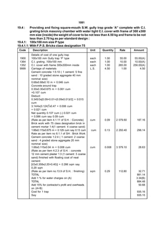1081
19.4 :    Providing and fixing square-mouth S.W. gully trap grade ‘A” complete with C.I.
          grating brick masonry chamber with water tight C.I. cover with frame of 300 x300
          mm size (inside) the weight of cover to be not less than 4.50 kg and frame to be not
          less than 2.70 kg as per standard design :
19.4.1: 100x100 mm size P type
19.4.1.1: With F.P.S. Bricks class designation 75
 Code      Description                                     Unit   Quantity     Rate     Amount
          Details of cost of one gully trap
 1900     100x100 mm Gully trap ‘P’ type                   each    1.00        55.00     55.00(A)
 1364     C.I. grating .100x100 mm                         each    1.00        10.00     10.00(A)
 1352     C.l. cover with frame 300x300mm inside           each    1.00       265.00    256.00(A)
 9999     Carriage of materials                            L.S.    4.50         1.00         4.50
          Cement concrete 1:5:10 ( 1 cement: 5 fine
          sand : 10 graded stone aggregate 40 mm
          nominal size)
          0.68x0.68x0.10 m = 0.046 cum
          Concrete around trap
          0.30x0.30x0.675 m = 0.061 cum
          =0.107 cum
          Deduct:
          0.345/3x[0.09+0.01+(0.09x0.01)l/2] = 0.015
          cum
          3.14/4x(0.124)2x0.47 = 0.006 cum
          = 0.021 cum
          Net quantity 0.107 cum (-) 0.021 cum
          = 0.086 cum say 0.09 cum
          (Rate as per item 4.1.11 of S.H. : Concrete)     cum     0.09      2 079.60     187.16
          Brick work with 75 class designation brick in
          cement mortar 1:4(1 cement: 4 coarse sand)
          1.66x0.115x0.675 m = 0.129 cum say 0.13 cum      cum     0.13      2 293.40     298.14
          Rate as per item no 6.1.1 of SH : Brick Work
          Cement concrete 1:2:4 ( 1 cement: 2 coarse
          sand : 4 graded stone aggregate 20 mm
          nominal size)
          1.66x0.115x0.04 m = 0.008 cum                    cum     0.008     3 579.10      28.63
          (Rate as per item 4.2.3 of S.H. : concrete
          12 mm cement plaster 1:3 (1 cement: 3 coarse
          sand) finished with floating coat of neat
          cement:
          [l/2x0.358x(l.20+0.40)] = 0.286 sqm say
          0.29 sqm
          (Rate as per item no.13.9 of S.H. : finishing)   sqm     0.29       112.80        32.71
          TOTAL                                                                           881.14
          Add 1 % for water charges on (A)                                                3.34(B)
          TOTAL                                                                           884.48
          Add 15% for contractor’s profit and overheads                                     50.68
          on (A+B)
          Cost for 1 trap                                                                 935.16
          Say                                                                             935.15
 