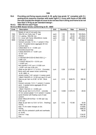 1086
19.4:     Providing and fixing square-mouth S. W. gully trap grade ‘A” complete with C.I.
          grating brick masonry chamber with water tight C.I. cover with frame of 300 x300
          mm size (inside) the weight of cover to be not less than 4.50 kg and frame to be not
          less than 2.70 kg as per standard design :
19.4.3: 180x150 mm size P type
19.4.3.2: With Sewer bricks conforming to IS : 4885
 Code      Description                                       Unit   Quantity     Rate     Amount
          Details of cost of one gully trap
 1904     180x150 mm Gully trap ‘P’ type                     each    1.00       160.00    160.00(A)
 1367     C.I. grating .180x180 mm                           each    1.00        23.00     23.00(A)
 1352     C.l. cover with frame 300x300mm inside             each    1.00       265.00    265.00(A)
 9999     Carriage of materials                              L.S.    4.50         1.00      4.50(A)
          Cement concrete 1:5:10 ( 1 cement: 5 fine
          sand : 10 graded stone aggregate 40 mm
          nominal size)
          0.68x0.68x0.10 m = 0.046 cum
          Concrete around trap
          0.30x0.30x0.675 m = 0.061 cum
          =0.107 cum
          Deduct:
          0.155/3x[0.09+0.032+(0.09x0.032) 1/2] =
          0.008 cum
          3.14/4x(0.182)2x0.70 = 0.018 cum
          = 0.026 cum
          Net quantity 0.107 cum (-) 0.026 cum
          = 0.081 cum say 0.08 cum
          (Rate as per item 4.1.11 of S.H. : Concrete)       cum     0.08      2 079.60     166.37
          Brick work with sewer bricks conforming
           to IS: 4885. in
          cement mortar 1:4(1 cement: 4 coarse sand)
          1.66x0.115x0.675 m = 0.129 cum say 0.13 cum
          Rate as per item no 6.36.1 of SH : Brick           cum     0.13      3048.75      396.34
          Work
          Cement concrete 1:2:4 ( 1 cement: 2 coarse
          sand : 4 graded stone aggregate 20 mm
          nominal size)
          1.66x0.115x0.04 m = 0.008 cum
          (Rate as per item 4.2.3 of S.H. : concrete         cum     0.008     3 579.10      28.63
          12 mm cement plaster 1:3 (1 cement: 3 coarse
          sand) finished with floating coat of neat
          cement:
          [l/2x0.166x(l.20+0.072)] = 0.159 sqm say
          0.16 sqm
          (Rate as per item no.13.9.1 of S.H. : finishing)   sqm     0.16       112.80        18.05
          TOTAL                                                                            1061.89
          Add 1 % for water charges on (A)                                                  4.53(B)
          TOTAL                                                                            1066.43
          Add 15% for contractor’s profit and overheads                                       68.55
          on (A+B)
          Cost for 1 trap                                                                  1134.97
          Say                                                                              1134.95
 