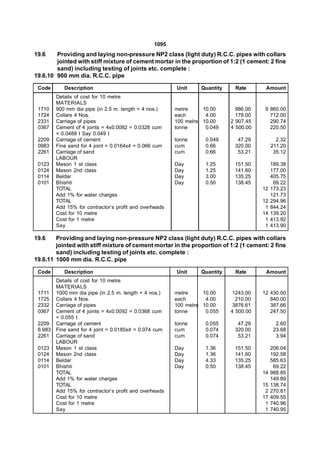 1095
19.6    Providing and laying non-pressure NP2 class (light duty) R.C.C. pipes with collars
        jointed with stiff mixture of cement mortar in the proportion of 1:2 (1 cement: 2 fine
        sand) including testing of joints etc. complete :
19.6.10 900 mm dia. R.C.C. pipe

 Code       Description                                  Unit     Quantity    Rate        Amount
         Details of cost for 10 metre
         MATERIALS
 1710    900 mm dia pipe (in 2.5 m. length = 4 nos.)     metre     10.00       986.00     9 860.00
 1724    Collars 4 Nos.                                  each       4.00       178.00       712.00
 2331    Carriage of pipes                               100 melre 10.00     2 907.45       290.74
 0367    Cement of 4 joints = 4x0.0082 = 0.0328 cum      tonne      0.049    4 500.00       220.50
         = 0.0488 t Say 0.049 t
 2209    Carriage of cement                              tonne      0.049      47.29            2.32
 0983    Fine sand for 4 joint = 0.0164x4 = 0.066 cum    cum        0.66      320.00          211.20
 2261    Carriage of sand                                cum        0.66       53.21           35.12
         LABOUR
 0123    Mason 1 st class                                Day        1.25      151.50          189.38
 0124    Mason 2nd class                                 Day        1.25      141.60          177.00
 0114    Beldar                                          Day        3.00      135.25          405.75
 0101    Bhishti                                         Day        0.50      138.45           69.22
         TOTAL                                                                           12   173.23
         Add 1% for water charges                                                             121.73
         TOTAL                                                                           12   294.96
         Add 15% for contractor’s profit and overheads                                    1   844.24
         Cost for 10 metre                                                               14   139.20
         Cost for 1 metre                                                                 1   413.92
         Say                                                                              1   413.90

19.6    Providing and laying non-pressure NP2 class (light duty) R.C.C. pipes with collars
        jointed with stiff mixture of cement mortar in the proportion of 1:2 (1 cement: 2 fine
        sand) including testing of joints etc. complete :
19.6.11 1000 mm dia. R.C.C. pipe

 Code       Description                                  Unit     Quantity    Rate        Amount
         Details of cost for 10 metre
         MATERIALS
 1711    1000 mm dia pipe (in 2.5 m. length = 4 nos.)    metre     10.00      1243.00    12 430.00
 1725    Collars 4 Nos.                                  each       4.00       210.00       840.00
 2332    Carriage of pipes                               100 metre 10.00      3876.61       387.66
 0367    Cement of 4 joints = 4x0.0092 = 0.0368 cum      tonne      0.055    4 500.00       247.50
         = 0.055 t
 2209    Carriage of cement                              tonne      0.055      47.29            2.60
 6 983   Fine sand for 4 joint = 0.0185x4 = 0.074 cum    cum        0.074     320.00           23.68
 2261    Carriage of sand                                cum        0.074      53.21            3.94
         LABOUR
 0123    Mason 1 st class                                Day        1.36      151.50          206.04
 0124    Mason 2nd class                                 Day        1.36      141.60          192.58
 0114    Beldar                                          Day        4.33      135.25          585.63
 0101    Bhishti                                         Day        0.50      138.45           69.22
         TOTAL                                                                           14   988.85
         Add 1% for water charges                                                             149.89
         TOTAL                                                                           15   138.74
         Add 15% for contractor’s profit and overheads                                    2   270.81
         Cost for 10 metre                                                               17   409.55
         Cost for 1 metre                                                                 1   740.96
         Say                                                                              1   740.95
 
