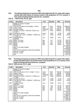 1096
19.6       Providing and laying non-pressure NP2 class (light duty) R.C.C. pipes with collars
           jointed with stiff mixture of cement mortar in the proportion of 1:2 (1 cement: 2
           fine sand) including testing of joints etc. complete :
19.6.12    1100 mm dia. R.C.C. pipe

 Code        Description                                  Unit       Quantity    Rate       Amount
          Details of cost for 10 metre
          MATERIALS
 1712     1100 mm dia pipe (in 2.5m.length = 4 Nos.)      metre      10.00      1500.00    15000.00
 1726     Collars 4 Nos.                                  each        4.00       241.00      964.00
 2333     carnage of pipes                                100metre   10.00      3876.61      387.66
 0367     Cement of 4 joints = 4x0.0103 =0.0412 cum       tonne       0.061     4500.00      274.50
          = 0.061 t
 2209     Carriage of cement                              tonne       0.061       47.29           2.88
 0983     Fine sand for 4 joint = 0.0206x4 = 0.0824 cum   cum         0.082      320.00          26.24
          = 0.082 cum
 2261     Carriage of sand                                cum         0.082       53.21           4.36
          LABOUR
 0123     Mason 1st class                                 Day         1.47       151.50         222.70
 0124     Mason 2nd class                                 Day         1.47       141.60         208.15
 0114     Beldar                                          Day         6.30       135.25         852.08
 0101     Bhishti                                         Day         0.60       138.45          83.07
          TOTAL                                                                            18   025.64
          Add 1% for water charges                                                              180.26
          TOTAL                                                                            18   205.90
          Add 15% for contractor’s profit and overheads                                     2   730.88
          Cost for 10 metre                                                                20   936.78
          Cost for 1 metre                                                                  2   093.68
          Say                                                                               2   093.70


19.6    Providing and laying non-pressure NP2 class (light duty) R.C.C. pipes with collars
        jointed with stiff mixture of cement mortar in the proportion of 1:2 (1 cement: 2 fine
        sand) including testing of joints etc. complete :
19.6.13 1200 mm dia. R.C.C. pipe

 Code        Description                                  Unit       Quantity    Rate       Amount
          Details of cost for 10 metre
          MATERIALS
 1713     1200 mm dia pipe (in 2.5 m. length = 4 nos.)    metre      10.00       1543.00   15 430.00
 1727     Collars 4 Nos                                   each        4.00        280.00     1120.00
 2334     Carriage of pipes                               100metre   10.00       3876.61      387.66
 0367     Cement of 4 joints = 4x0.0114 = 0.0456 cum      tonne       0.068     4 500.00      306.00
          = 0.068 t
 2209     Carriage of cement                              tonne       0.068       47.29           3.22
 0983     Fine sand for 4 joint = 0.0229x4 = 0.0916 cum   cum         0.092      320.00          29.44
          = 0.092 cum
 2261     Carriage of sand                                cum         0.092       53.21           4.90
          LABOUR
 0123     Mason 1 st class                                Day         1.59       151.50         240.89
 0124     Mason 2nd class                                 Day         1.59       141.60         225.14
 0114     Beldar                                          Day         8.67       135.25     1   172.62
 0101     Bhishti                                         Day         0.67       138.45          92.76
          TOTAL                                                                            19   012.63
          Add 1% for water charges                                                              190.13
          TOTAL                                                                            19   202.76
          Add 15% for contractor’s profit and overheads                                     2   880.41
          Cost for 10 metre                                                                22   083.17
          Cost for 1 metre                                                                  2   208.32
          Say                                                                               2   208.30
 