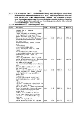 1109
19.9.1   0.91 m deep with S.F.R.C. cover and frame (heavy duty, HD-20 grade designation)
         560mm internal diameter conforming to I.S. 12592, total weight of cover and frame
         to be not less than 182kg., fixed in cement concrete 1:2:4 (1 cement : 2 coarse
         sand: 4 graded stone aggregate 20 mm nominal size) including centering shuttering
         all complete. (Excavation, foot rests and 12mm thick cement plaster at the external
         surface shall be paid for separately):
19.9.1.2 With Sewer bricks conforming to IS : 4885

 Code      Description                                       Unit   Quantity     Rate     Amount

          Details of cost for 1 manhole
          MATERIALS
          Cement concrete 1:3:6 (1 cement: 3 coarse
          sand : 6 graded stone aggregate 40 mm
          nominal size) 1.67x1.67x0.225 = 0.63cum.
          Rate as per item no 4.1.6 of SH : Concrete work    cum     0.63      2 713.05   1 709.22
          Brick work with moduler extruded burnt fire
          clay sewer bricks
          in cement mortar 1:4(1 cement: 4 coarse
          sand)
          Curved on plan
          3.14x1.14x0.074x0.23 =0.061
          3.14x(1.14+0.79)/2x0.711x0.23 = 0.496
          = 0.557
          Duduct arch ring and portion of pipe
          2x½x3.14x0.25mx0.230x0.10 m = 0.018 cum
          2x3.14/4x(0.15)2x0.230 = 0.008 cum
          = 0.026 cum
          Net quantity 0.557-0.026 = 0.531 Say 0.53
          Rate as per item No 6.36.1 of SH : Brick Work      cum     0.53      3 048.75   1 615.84
          Brick work moduler extruded burnt fire
          clay sewer bricks in arches
          brick in cement mortar 1:3 (1 cement: 3 coarse
          sand)
          2x½x3.14x0.25m x0.230x0.10 m = 0.018
          cum Say 0.02 cum
          Rate as per item No 6.37 of SH : Brick Work        cum     0.02      4 550.30      91.01
          Cement concrete 1:2:4(1 cement: 2 coarse
          sand : 4 graded stone aggregate 20 mm
          nominal size)
          For benching:
          3.14/4x(0.91+0.82)2x0.20 = 0.118 cum
          [(2x8.133)/360]x(4/3)x3.14x(0.45) 3 =0.017
          cum
          = 0.135 cum
          Less pipe : 0.91x3.14/4x(0.15)2= (-) 0.016 cum
          = 0.119 cum Say 0.12 cum
          Rate as per item no. 4.1.3 of SH : concrete work
          Cement concrete 1:2:4 (1 cement: 2 coarse          cum     0.12      3 257.45    390.89
          sand : 4 graded stone aggregate 20 mm
          nominal size)
          For fixing cover : 3.14/4 x d2x thickness
          0.7854x1.020x1.020x0.15 m =0.123 cum
          Less cover 3.14/4x(0.28)2 x 0.15 m = (-)
          0.037 cum
          = 0.086 cum Say 0.09 cum
          Rate as per item no 4.2.3 of SH : Concrete         cum     0.09      3 579.10    322.12
 