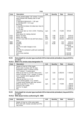 1110
 Code     Description                                   Unit   Quantity     Rate        Amount
          12 mm cement plaster 1:3(1 cement: 3 coarse
          sand) finished with floating coat of neat
          cement
          3.14x(0.80+0.56)/2x0.49 = 1.05 sqm
          3.14x0.56x0.075 = 0.13 sqm
          Benching
          3.14x(0.80)2/4-0.80x0.15+0.80x’/2x3.14x0.15
          = 0.57 sqm
          = 1.75 sqm
          Rate as per item no 13.9.1 of SH : Finishing  sqm     1.75       112.80     197.40
          LABOUR
          Extra labour for making channel:
 0123     Mason 1st class                               Day     0.06       151.50       9.09 (A)
 0124     Mason 2nd class                               Day     0.06       141.60       8.50 (A)
 7135     S.F.R.C cover 560 mm dia with fram (heavy     each    1.00       838.00     838.00 (A)
          duty)
 9999     Carriage                                      L.S.    6.89         1.00        6.89 (A)
 9999     Sundries                                      L.S.   16.90         1.00       16.90 (A)
          TOTAL                                                                      5 205.86
          Add 1% for water charges on (A)                                                8.79 (B)
          TOTAL                                                                      5 214.65
          Add 15% for contractor’s profit and overheads                                133.23
          on (A+B)
          Cost of one manhole                                                        5 347.88
          Say                                                                        5 347.90

19.10   Extra depth for circular type manhole 0.91m internal dia (at bottom) beyond 0.91m
        to 1.67m
19.10.1 With F.P.S. bricks class designation 75
 Code     Description                                   Unit   Quantity     Rate        Amount
           Details of Cost for 0.76m depth.
          Bricks work in arches with 75 class
          designation bricks in cement montar
          1:3 (1 cement : 3 coarse sand)
          (Rate as per item no. 6.9 SH:- Brick work )   cum     0.63      2 293.40      1 444.84
          cement concrete 1:2:4( 1 cement :2 coarse
          sand :4 graded stone aggregate 20mm
           nominal size)
          (Rate as per item no. 4.1.3)                  cum     0.01      3 257.45         32.57
          12mm cement plaster 1:3 (1 cement :
          3 coarse sand) finished with neat cement.
          (Rate as per item no. 13.9.1)                 sqm     2.33       112.80         262.82
          Cost for 0.76 m depth                                                         1 740.23
          Cost for 1m depth                                                             2 289.77
          Say                                                                           2 289.75

19.10   Extra depth for circular type manhole 0.91m internal dia (at bottom) beyond 0.91m
        to 1.67m
19.10.2 With Sewer bricks conforming IS : 4885

 Code     Description                                   Unit   Quantity     Rate        Amount

          Details of Cost for 0.76m extra depth.
          Brick work with modular exturded burnt fire
          clay bricks
 