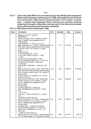 1113
19.11.1   1.68 m deep with SFRC Cover and frame (heavy duty HD-20 grade designation)
          560mm internal diameter conforming to l.S. 12592, total weight of cover and frame
          to be not less than 182kg. fixed in cement concrete 1:2:4 (1 cement : 2 coarse
          sand : 4 graded stone aggregate 20mm nominal size) including centering
          shuttering all complete. (Excavation, foot rests and 12 mm thick cement plaster
          at the external surface shall be paid for separately):
19.11.1.2 With Sewer bricks conforming IS : 4885

 Code     Description                                     Unit    Quantity     Rate     Amount

          Details of cost for 1 manhole
          MATERIALS
          Cement concrete 1:3:6 (1 cement: 3 coarse
          sand : 6 graded stone aggregate 40 mm
          nominal size)
          1.98x1.98x0.30 = 1.178 say 1.18 cum.
          Rate as per item no 4.1 .6 of SH : Concrete work cum     1.18      2 713.05   3 201.40
          Brick work modular exturded burnt fire ash clay
          in cement mortar 1:4(1 cement: 4 coarse
          sand)
          Curved on plan
          3.14x1.45x0.24x0.23 = 0.251
          3.14x(1.45+0.79)/2x1.32x0.23 = 1.069
          = 1.320
          Duduct arch ring and portion of pipe
          2x½x3.14x0.25mx0.230x0.10 m = 0.018 cum
          2x3.14/4x(0.15)2 x0.230 = 0.008 cum
          = 0.026 cum
          Net quantity 1.320-0.026 = 1.294 Say 1.29
          cum
          Rate as per item no 6.36.1 of SH : Brick Work cum        1.29      3 048.75   3 932.89
          Brick work with modular exturded burnt ash clay
          brick in arches cement mortar 1:3(1 cement: 3
          coarse sand)
          2x1/2x3.14x0.25 m x0.230x0.10 m = 0.018
          cum Say 0.02 cum
          Rate as per item No 6.37 of SH : Brick Work       cum    0.02      4 550.30      91.01
          Cement concrete 1:2:4(1 cement: 2 coarse
          sand : 4 graded stone aggregate 20 mm
          nominal size)
          For benching:
          3.14/4x(1.22)2x0.20 = 0.234 cum
          [(2x8.133)/360]x(4/3)x3.14x(0.61) 3 =0.043
          cum
          = 0.277 cum
          Less pipe : 1.22x3.14/4x(0.15)2 (-) = 0.0216
          cum
          = 0.2554 cum Say 0.26 cum
          Rate as per item no. 4.1.3 of SH : concrete work cum     0.26      3 257.45    846.94
          Cement concrete 1:2:4 (1 cement: 2 coarse
          sand : 4 graded stone aggregate 20 mm
          nominal size)
          For fixing cover : 3.14/4xd2x thickness
          0.7854x1.020x1.020x0.15 m =0.123 cum
          Less cover 3.14/4x(0.28)2 x 0.15 m : (-) =
          0.037 cum
          = 0.086 cum Say 0.09 cum
          Rate as per item no 4.2.3 of SH : Concrete work cum      0.09      3 579.10    322.12
          12 mm cement plaster 1:3 (1 cement: 3 coarse
 