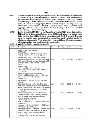 1115
19.13     Constructing brick masonry circular manhole 1.52 m internal dia at bottom and
          0.56 m dia at top in cement mortar 1:4 (1 cement : 4 coarse sand) inside cement
          plaster 12mm thick with cement mortar 1:3 (1 cement : 3 coarse sand) finished
          with a floating coat of neat cement, foundation concrete 1:3:6 (1 cement : 3 coarse
          sand : 6 graded stone aggregate 40mm nominal size) and making necessary
          channel in cement concrete 1:2:4 (1 cement : 2 coarse sand : 4 graded stone
          aggregate 20mm nominal size) finished with a floating coat of neat cement all
          complete as per standard design :
19.13.1   2.30m deep with SFRC Cover and frame (heavy duty HD-20 grade designation)
          560mm internal diameter conforming to I.S. 12592, total weight of cover and frame
          to be not less than 182 kg. fixed in cement concrete 1:2:4 (1 cement : 2 coarse
          sand : 4 graded stone aggregate 20mm nominal size) including centering
          shuttering all complete. (Excavation, foot rests and 12 mm thick cement plaster
          at the external surface shall be paid for separately):
19.13.1.1 With F.P.S. bricks class designation 75
 Code     Description                                         Unit   Quantity   Rate       Amount

          Details of cost for 1 manhole
          MATERIALS
          Cement concrete 1:3:6 (1 cement: 3 coarse
          sand : 6 graded stone aggregate 40 mm
          nominal size) ‘2.74x2.74x0.30=2.25cum
          Rate as per item no 4.6 of SH : Concrete work       cum       2.25    2 713.05   6 104.36
          Brick work with bricks of class designation 75
          in cement mortar 1:4(1 cement: 4 coarse
          sand)
          Curved on plan
          3.14x1.98x0.25x0.46 = 0.716 cum
          3.14x(1.98+0.905)/2x0.345xl.93 = 3.019 cum
          = 3.735 cum
          Duduct arch ring and portion of pipe
          2x½x3.14x0.25mx0.46x0.10 m = 0.036 cum
          2x3.14/4x(0.15)2x0.460 = 0.016 cum
          = 0.052 cum
          Net quantity 3.735-0.052 = 3.683 cum Say
          3.68 cum
          Rate as per item no 6.1.1of SH : Brick Work         cum       3.68    2 293.40   8 439.71
          Brick work in arches with 75 class designation
          brick in cement mortar 1:3(1 cement: 3 fine sand)
          2x1/2x3.14x0.25 m x0.460x0.10 m = 0.036
          cum Say 0.04 cum
          Rate as per item no 6.9 of SH : Brick Work          cum       0.04    3 847.45     153.90
          Cement concrete 1:2:4(1 cement: 2 coarse
          sand : 4 graded stone aggregate 20 mm
          nominal size) For benching:
          3.14/4x(l.52)2x0.20 = 0.363 cum
          [(2x8.133)/360]x(4/3)x3.14x(0.76) 3=0.083 cum
          = 0.446 cum
          Less pipe : 1.52x3.14/4x(0.15)2(-) = 0.027 cum
          = 0.419 cum Say 0.42 cum
          Rate as per item no. 4.1.3 of SH : concrete work    cum       0.42    3 257.45   1 368.13
          Cement concrete 1:2:4 (1 cement: 2 coarse
          sand : 4 graded stone aggregate 20 mm
          nominal size)
          For fixing cover : 3.14/4 x d2x thickness
 