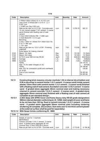 1116

 Code      Description                                    Unit   Quantity   Rate         Amount

          0.7854x1.020x1.020x0.15 m =0.123 cum
          Less cover 3.14/4x(0.28)2 x 0.15 m : (-) =
          0.037 cum
          = 0.086 cum Say 0.09 cum
          Rate as per item no 4.2.3 SH : Concrete work    cum       0.09    3 579.10     322.12
          12 mm cement plaster 1:3(1 cement: 3 coarse
          sand) finished with floating coat of neat
          cement
          3.14x(1.454+0.56)/2xl.799 = 5.694 sqm
          3.14x0.56x0.075 = 0.13 sqm
          Benching
          3.14x( 1.454)2 4-1.454x0.15+1.454x1/2x3.14x
          0.15 =1.786 sqm
          = 7.61 sqm
          Rate as per item no 13.9.1 of SH : Finishing    sqm       7.61     112.80      858.41
          LABOUR
          Extra labour for making channel:
 0123     Mason 1st class                                 Day       0.10     151.50        15.15(A)
 0124     Mason 2nd class                                 Day       0.10     141.60        14.16(A)
 7135     S.F.R.C cover 560 mm dia HD-20                  each      1.00     838.00      838.00(A)
 9999     Carriage                                        L.S.      6.89       1.00         6.89(A)
 9999     Sundries                                        L.S.     16.90       1.00        16.90(A)
          TOTAL                                                                        18 137.73
          Add 1 % for water charges on (A)                                                  8.91(B)
          TOTAL                                                                        18 146.64
          Add 15% for contractor’s profit and overheads                                   135.00
          on (A+B)
          Cost of one manhole                                                          18 281.64
          Say                                                                          18 281.60


19.13     Constructing brick masonry circular manhole 1.52 m internal dia at bottom and
          0.56 m dia at top in cement mortar 1:4 (1 cement : 4 coarse sand) inside cement
          plaster 12mm thick with cement mortar 1:3 (1 cement : 3 coarse sand) finished
          with a floating coat of neat cement, foundation concrete 1:3:6 (1 cement : 3 coarse
          sand : 6 graded stone aggregate 40mm nominal size) and making necessary
          channel in cement concrete 1:2:4 (1 cement : 2 coarse sand : 4 graded stone
          aggregate 20mm nominal size) finished with a floating coat of neat cement all
          complete as per standard design :
19.13.1   2.30m deep with SFRC Cover and frame (heavy duty HD-20 grade designation)
          560mm internal diameter conforming to I.S. 12592, total weight of cover and frame
          to be not less than 182 kg. fixed in cement concrete 1:2:4 (1 cement : 2 coarse
          sand : 4 graded stone aggregate 20mm nominal size) including centering
          shuttering all complete. (Excavation, foot rests and 12 mm thick cement plaster
          at the external surface shall be paid for separately):
19.13.1.2 With Sewer bricks conforming IS : 4885
 Code      Description                                    Unit   Quantity   Rate         Amount

          Details of cost for 1 manhole
          MATERIALS
          Cement concrete 1:3:6 (1 cement: 3 coarse
          sand : 6 graded stone aggregate 40 mm
          nominal size) 2.74x2.74x0.30=2.25cum
          Rate as per item no 4.6 of SH : Concrete work   cum       2.25    2 713.05      6 104.36
 