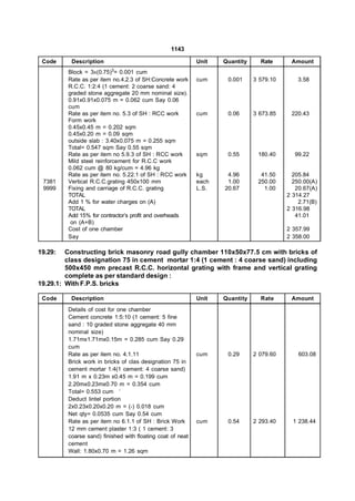 1143

 Code     Description                                       Unit   Quantity     Rate      Amount
         Block = 3X(0.75)3= 0.001 cum
         Rate as per item no.4.2.3 of SH:Concrete work      cum     0.001     3 579.10       3.58
         R.C.C. 1:2:4 (1 cement: 2 coarse sand: 4
         graded stone aggregate 20 mm nominal size).
         0.91x0.91x0.075 m = 0.062 cum Say 0.06
         cum
         Rate as per item no. 5.3 of SH : RCC work          cum     0.06      3 673.85    220.43
         Form work
         0.45x0.45 m = 0.202 sqm
         0.45x0.20 m = 0.09 sqm
         outside slab : 3.40x0.075 m = 0.255 sqm
         Total= 0.547 sqm Say 0.55 sqm
         Rate as per item no 5.9.3 of SH : RCC work         sqm     0.55       180.40      99.22
         Mild steel reinforcement for R.C.C work
         0.062 cum @ 80 kg/cum = 4.96 kg
         Rate as per item no. 5.22.1 of SH : RCC work       kg      4.96        41.50      205.84
 7381    Vertical R.C.C.grating 450x100 mm                  each    1.00       250.00      250.00(A)
 9999    Fixing and carriage of R.C.C. grating              L.S.   20.67         1.00       20.67(A)
         TOTAL                                                                           2 314.27
         Add 1 % for water charges on (A)                                                    2.71(B)
         TOTAL                                                                           2 316.98
         Add 15% for contractor’s profit and overheads                                      41.01
          on (A+B)
         Cost of one chamber                                                             2 357.99
         Say                                                                             2 358.00

19.29:   Constructing brick masonry road gully chamber 110x50x77.5 cm with bricks of
         class designation 75 in cement mortar 1:4 (1 cement : 4 coarse sand) including
         500x450 mm precast R.C.C. horizontal grating with frame and vertical grating
         complete as per standard design :
19.29.1: With F.P.S. bricks

 Code     Description                                       Unit   Quantity     Rate      Amount
         Details of cost for one chamber
         Cement concrete 1:5:10 (1 cement: 5 fine
         sand : 10 graded stone aggregate 40 mm
         nominal size)
         1.71mx1.71mx0.15m = 0.285 cum Say 0.29
         cum
         Rate as per item no. 4.1.11                        cum     0.29      2 079.60       603.08
         Brick work in bricks of clas designation 75 in
         cement mortar 1:4(1 cement: 4 coarse sand)
         1.91 m x 0.23m x0.45 m = 0.199 cum
         2.20mx0.23mx0.70 m = 0.354 cum
         Total= 0.553 cum ‘
         Deduct lintel portion
         2x0.23x0.20x0.20 m = (-) 0.018 cum
         Net qty= 0.0535 cum Say 0.54 cum
         Rate as per item no 6.1.1 of SH : Brick Work       cum     0.54      2 293.40     1 238.44
         12 mm cement plaster 1:3 ( 1 cement: 3
         coarse sand) finished with floating coat of neat
         cement
         Wall: 1.80x0.70 m = 1.26 sqm
 