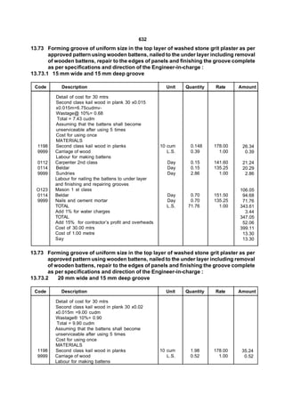 632
13.73 Forming groove of uniform size in the top layer of washed stone grit plaster as per
       approved pattern using wooden battens, nailed to the under layer including removal
       of wooden battens, repair to the edges of panels and finishing the groove complete
       as per specifications and direction of the Engineer-in-charge :
13.73.1 15 mm wide and 15 mm deep groove

 Code       Description                                    Unit    Quantity   Rate     Amount

         Detail of cost for 30 mtrs
         Second class kail wood in plank 30 x0.015
         x0.015m=6.75cudmv-
         Wastage@ 10%= 0.68
          Total = 7.43 cudm
         Assuming that the battens shall become
         unserviceable after using 5 times
         Cost for using once
         MATERIALS
  1198   Second class kail wood in planks                10 cum      0.148    178.00    26.34
  9999   Carriage of wood                                   L.S.     0.39       1.00     0.39
         Labour for making battens
  0112   Carpenter 2nd class                                Day      0.15     141.60    21.24
  0114   Beldar                                             Day      0.15     135.25    20.29
  9999   Sundries                                           Day      2.86       1.00     2.86
         Labour for nailing the battens to under layer
         and finishing and repairing grooves
  O123   Mason 1 st class                                                              106.05
  0114   Beldar                                             Day      0.70     151.50    94.68
  9999   Nails and cement mortar                            Day      0.70     135.25    71.76
         TOTAL                                              L.S.    71.76       1.00   343.61
         Add 1% for water charges                                                        3.44
         TOTAL                                                                         347.05
         Add 15% for contractor’s profit and overheads                                  52.06
         Cost of 30.00 mtrs                                                            399.11
         Cost of 1.00 metre                                                             13.30
         Say                                                                            13.30


13.73 Forming groove of uniform size in the top layer of washed stone grit plaster as per
       approved pattern using wooden battens, nailed to the under layer including removal
       of wooden battens, repair to the edges of panels and finishing the groove complete
       as per specifications and direction of the Engineer-in-charge :
13.73.2    20 mm wide and 15 mm deep groove

 Code       Description                                    Unit    Quantity   Rate     Amount

         Detail of cost for 30 mtrs
         Second class kail wood in plank 30 x0.02
         x0.015m =9.00 cudm
         Wastage® 10%= 0.90
          Total = 9.90 cudm
         Assuming that the battens shall become
         unserviceable after using 5 times
         Cost for using once
         MATERIALS
  1198   Second class kail wood in planks                10 cum      1.98     178.00    35.24
  9999   Carriage of wood                                   L.S.     0.52       1.00     0.52
         Labour for making battens
 