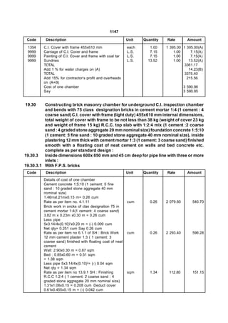 1147

 Code     Description                                       Unit   Quantity   Rate         Amount

 1354    C.I. Cover with frame 455x610 mm                   each      1.00    1 395.00 1 395.00(A)
 9999    Carriage of C.I. Cover and frame                   L.S.      7.15        1.00     7.15(A)
 9999    Painting of C.I. Cover and frame with coal tar     L.S.      7.15        1.00     7.15(A)
 9999    Sundries                                           L.S.     13.52        1.00    13.52(A)
         TOTAL                                                                          3361.17
         Add 1 % for water charges on (A)                                                 14.23(B)
         TOTAL                                                                          3375.40
         Add 15% for contractor’s profit and overheads                                   215.56
         on (A+B)
         Cost of one chamber                                                             3 590.96
         Say                                                                             3 590.95


19.30     Constructing brick masonry chamber for underground C.I. inspection chamber
          and bends with 75 class designation bricks in cement mortar 1:4 (1 cement : 4
          coarse sand) C.I. cover with frame (light duty) 455x610 mm internal dimensions,
          total weight of cover with frame to be not less than 38 kg (weight of cover 23 kg
          and weight of frame 15 kg) R.C.C. top slab with 1:2:4 mix (1 cement :2 coarse
          sand : 4 graded stone aggregate 20 mm nominal size) foundation concrete 1:5:10
          (1 cement: 5 fine sand : 10 graded stone aggregate 40 mm nominal size), inside
          plastering 12 mm thick with cement mortar 1:3 (1 cement: 3 coarse sand) finished
          smooth with a floating coat of neat cement on walls and bed concrete etc.
          complete as per standard design :
19.30.3   Inside dimensions 600x 850 mm and 45 cm deep for pipe line with three or more
          inlets :
19.30.3.1 With F.P.S. bricks
 Code     Description                                       Unit   Quantity   Rate         Amount
         Details of cost of one chamber
         Cement concrete 1:5:10 (1 cement: 5 fine
         sand : 10 graded stone aggregate 40 mm
         nominal size)
         1.46rnxl.21mx0.15 m= 0.26 cum
         Rate as per item no. 4.1.11                        cum       0.26    2 079.60        540.70
         Brick work in oncks of clas designation 75 in
         cement mortar 1:4(1 cement: 4 coarse sand)
         3.82 m x 0.23m x0.30 m = 0.26 cum
         Less pipe
         5x3.14/4x(0.10)2x0.23 m = (-) 0.009 cum
         Net qty= 0.251 cum Say 0.26 cum
         Rate as per item no 6.1.1 of SH : Brick Work       cum       0.26    2 293.40        596.28
         12 mm cement plaster 1:3 ( 1 cement: 3
         coarse sand) finished with floating coat of neat
         cement
         Wall: 2.90x0.30 m = 0.87 sqm
         Bed : 0.85x0.60 m = 0.51 sqm
         = 1.38 sqm
         Less pipe 5x3.14/4x(0.10)2= (-) 0.04 sqm
         Net qty = 1.34 sqm
         Rate as per item no 13.9.1 SH : Finishing          sqm       1.34     112.80         151.15
         R.C.C 1:2:4 ( 1 cement: 2 coarse sand : 4
         graded stone aggregate 20 mm nominal size)
         1.31x1.06x0.15 = 0.208 cum Deduct cover
         0.61x0.455x0.15 m = (-) 0.042 cum
 