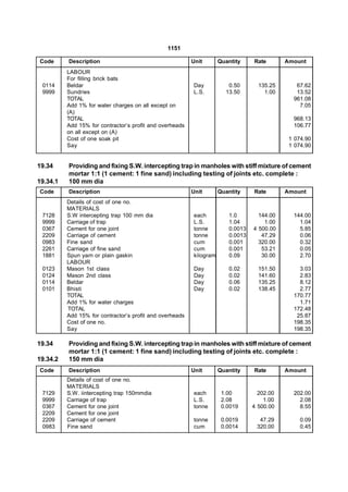 1151

Code      Description                                     Unit       Quantity    Rate       Amount
          LABOUR
          For filling brick bats
 0114     Beldar                                          Day           0.50       135.25      67.62
 9999     Sundries                                        L.S.         13.50         1.00      13.52
          TOTAL                                                                               961.08
          Add 1% for water charges on all except on                                             7.05
          (A)
          TOTAL                                                                               968.13
          Add 15% for contractor’s profit and overheads                                       106.77
          on all except on (A)
          Cost of one soak pit                                                               1 074.90
          Say                                                                                1 074.90


19.34     Providing and fixing S.W. intercepting trap in manholes with stiff mixture of cement
          mortar 1:1 (1 cement: 1 fine sand) including testing of joints etc. complete :
19.34.1   100 mm dia
Code      Description                                     Unit       Quantity    Rate       Amount
          Details of cost of one no.
          MATERIALS
 7128     S.W intercepting trap 100 mm dia                each          1.0        144.00     144.00
 9999     Carriage of trap                                L.S.          1.04         1.00       1.04
 0367     Cement for one joint                            tonne         0.0013   4 500.00       5.85
 2209     Carriage of cement                              tonne         0.0013      47.29       0.06
 0983     Fine sand                                       cum           0.001      320.00       0.32
 2261     Carriage of fine sand                           cum           0.001       53.21       0.05
 1881     Spun yarn or plain gaskin                       kilogram      0.09        30.00       2.70
          LABOUR
 0123     Mason 1st class                                 Day           0.02       151.50       3.03
 0124     Mason 2nd class                                 Day           0.02       141.60       2.83
 0114     Beldar                                          Day           0.06       135.25       8.12
 0101     Bhisti                                          Day           0.02       138.45       2.77
          TOTAL                                                                               170.77
          Add 1% for water charges                                                              1.71
          TOTAL                                                                               172.48
          Add 15% for contractor’s profit and overheads                                        25.87
          Cost of one no.                                                                     198.35
          Say                                                                                 198.35

19.34     Providing and fixing S.W. intercepting trap in manholes with stiff mixture of cement
          mortar 1:1 (1 cement: 1 fine sand) including testing of joints etc. complete :
19.34.2   150 mm dia
Code      Description                                     Unit       Quantity    Rate       Amount
          Details of cost of one no.
          MATERIALS
 7129     S.W. iintercepting trap 150mmdia                each        1.00         202.00     202.00
 9999     Carriage of trap                                L.S.        2.08           1.00       2.08
 0367     Cement for one joint                            tonne       0.0019     4 500.00       8.55
 2209     Cement for one joint
 2209     Carriage of cement                              tonne       0.0019       47.29         0.09
 0983     Fine sand                                       cum         0.0014      320.00         0.45
 