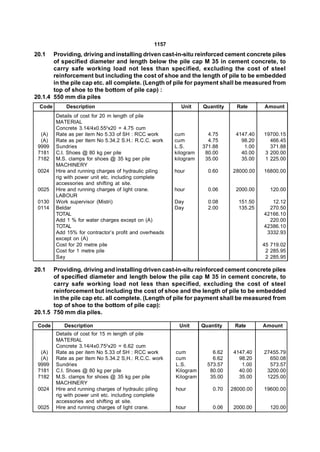 1157
20.1   Providing, driving and installing driven cast-in-situ reinforced cement concrete piles
       of specified diameter and length below the pile cap M 35 in cement concrete, to
       carry safe working load not less than specified, excluding the cost of steel
       reinforcement but including the cost of shoe and the length of pile to be embedded
       in the pile cap etc. all complete. (Length of pile for payment shall be measured from
       top of shoe to the bottom of pile cap) :
20.1.4 550 mm dia piles
  Code       Description                                   Unit     Quantity     Rate     Amount
         Details of cost for 20 m length of pile
         MATERIAL
         Concrete 3.14/4x0.552x20 = 4.75 cum
  (A)    Rate as per item No 5.33 of SH : RCC work       cum          4.75      4147.40   19700.15
  (A)    Rate as per Item No 5.34.2 S.H.: R.C.C. work    cum          4.75        98.20     466.45
 9999    Sundries                                        L.S.       371.88         1.00     371.88
 7181    C.I. Shoes @ 80 kg per pile                     kilogram    80.00        40.00   3 200.00
 7182    M.S. clamps for shoes @ 35 kg per pile          kilogram    35.00        35.00   1 225.00
         MACHINERY
 0024    Hire and running charges of hydraulic piling    hour         0.60     28000.00   16800.00
         rig with power unit etc. including complete
         accessories and shifting at site.
 0025    Hire and running charges of light crane.        hour         0.06      2000.00     120.00
         LABOUR
 0130    Work supervisor (Mistri)                        Day          0.08       151.50      12.12
 0114    Beldar                                          Day          2.00       135.25     270.50
         TOTAL                                                                            42166.10
         Add 1 % for water charges except on (A)                                            220.00
         TOTAL                                                                            42386.10
         Add 15% for contractor’s profit and overheads                                     3332.93
         except on (A)
         Cost for 20 metre pile                                                           45 719.02
         Cost for 1 metre pile                                                             2 285.95
         Say                                                                               2 285.95

20.1   Providing, driving and installing driven cast-in-situ reinforced cement concrete piles
       of specified diameter and length below the pile cap M 35 in cement concrete, to
       carry safe working load not less than specified, excluding the cost of steel
       reinforcement but including the cost of shoe and the length of pile to be embedded
       in the pile cap etc. all complete. (Length of pile for payment shall be measured from
       top of shoe to the bottom of pile cap):
20.1.5 750 mm dia piles.

 Code       Description                                   Unit      Quantity    Rate      Amount
         Details of cost for 15 m length of pile
         MATERIAL
         Concrete 3.14/4x0.752x20 = 6.62 cum
  (A)    Rate as per item No 5.33 of SH : RCC work       cum            6.62    4147.40   27455.79
  (A)    Rate as per Item No 5.34.2 S,H.: R.C.C. work    cum            6.62      98.20     650.08
 9999    Sundries                                        L.S.         573.57       1.00     573.57
 7181    C.I. Shoes @ 80 kg per pile                     Kilogram      80.00      40.00    3200.00
 7182    M.S. clamps for shoes @ 35 kg per pile          Kilogram      35.00      35.00    1225.00
         MACHINERY
 0024    Hire and running charges of hydraulic piling    hour           0.70   28000.00   19600.00
         rig with power unit etc. including complete
         accessories and shifting at site.
 0025    Hire and running charges of light crane.        hour           0.06    2000.00     120.00
 