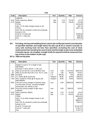 1158
 Code      Description                                    Unit      Quantity     Rate      Amount
        LABOUR
 0130   Work supervisor (Mistri)                              Day       0.14     151.50       21.21
 0114   Belder                                                Day       3.50     135.55      473.38
        TOTAL                                                                              53319.03
        Add 1 % for water charges except on (A)                                              252.13
        TOTAL                                                                              53571.16
        Add 15% for contractor’s profit and overheads
        except on (A)
        Cost for 15 metre pile                                                             57390.95
        Cost for 1 metre pile                                                               3826.06
        Say                                                                                 3826.05


20.1   Providing, driving and installing driven cast-in-situ reinforced cement concrete piles
       of specified diameter and length below the pile cap M 35 in cement concrete, to
       carry safe working load not less than specified, excluding the cost of steel
       reinforcement but including the cost of shoe and the length of pile to be embedded
       in the pile cap etc. all complete. (Length of pile for payment shall be measured from
       top of shoe to the bottom of pile cap):
20.1.6 1000 mm dia piles.

 Code      Description                                    Unit      Quantity     Rate      Amount

        Details of cost for 10 m length of pile
        MATERIAL
        Concrete 3.14/4x1.002x10 = 7.85 cum
  (A)   Rate as per item No. 5.33 of SH:RCC work        Cum           7.85      4147.40   32557.59
  (A)   Rate as per Item No-5.34.2; S.H.: R.C.C. work   cum           7.85        98.20     770.87
 9999   Sundries                                        L.S.        897.89         1.00     897.89
 7181   C.I. Shoes @ 80 kg per pile                     kilogram     80.00        40.00    3200.00
 7182   M.S. clamps for shoes @ 35 kg per pile          kilogram     35.00        35.00    1225.00
        MACHINERY
 0024   Hire and running charges of hydraulic piling    hour          0.68     28000.00   19040.00
        rig with power unit etc. including complete
        accessories and shifting at site.
 0025   Hire and running charges of light crane.        hour          0.06      2000.00     120.00
        LABOUR
 0130   Work supervisor (Mistri)                        Day           0.16       151.50      24.24
 0114   Beldar                                          Day           4.10       135.25     541.00
        TOTAL                                                                             58376.09
        Add 1 % for water charges except on (A)                                             250.48
        TOTAL                                                                             58626.57
        Add 15% for contractor’s profit and overheads                                      3794.79
        except on (A)
        Cost for 10 metre pile                                                            62 421.36
        Cost for 1 metre pile                                                              6 242.14
        Say                                                                                6 242.15
 