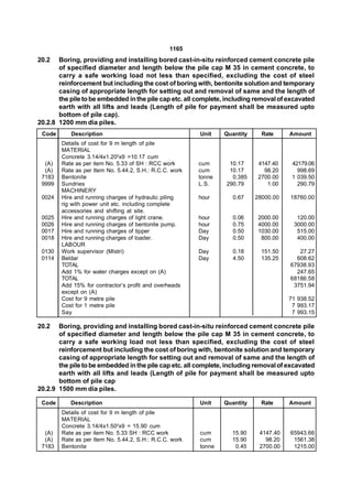 1165
20.2   Boring, providing and installing bored cast-in-situ reinforced cement concrete pile
       of specified diameter and length below the pile cap M 35 in cement concrete, to
       carry a safe working load not less than specified, excluding the cost of steel
       reinforcement but including the cost of boring with, bentonite solution and temporary
       casing of appropriate length for setting out and removal of same and the length of
       the pile to be embedded in the pile cap etc. all complete, including removal of excavated
       earth with all lifts and leads (Length of pile for payment shall be measured upto
       bottom of pile cap).
20.2.8 1200 mm dia piles.
 Code      Description                                   Unit    Quantity     Rate     Amount
        Details of cost for 9 m length of pile
        MATERIAL
        Concrete 3.14/4x1.202x9 =10.17 cum
  (A)   Rate as per item No. 5.33 of SH : RCC work       cum      10.17      4147.40    42179.06
  (A)   Rate as per Item No. 5.44.2, S.H.: R.C.C. work   cum      10.17        98.20      998.69
 7183   Bentonite                                        tonne     0.385     2700.00    1 039.50
 9999   Sundries                                         L.S.    290.79         1.00      290.79
        MACHINERY
 0024   Hire and running charges of hydraulic piling     hour       0.67    28000.00   18760.00
        rig with power unit etc. including complete
        accessories and shifting at site.
 0025   Hire and running charges of light crane.         hour       0.06     2000.00     120.00
 0026   Hire and running charges of bentonite pump.      hour       0.75     4000.00    3000.00
 0017   Hire and running charges of tipper               Day        0.50     1030.00     515.00
 0018   Hire and running charges of loader.              Day        0.50      800.00     400.00
        LABOUR
 0130   Work supervisor (Mistri)                         Day        0.18      151.50      27.27
 0114   Beldar                                           Day        4.50      135.25     608.62
        TOTAL                                                                          67938.93
        Add 1% for water charges except on (A)                                           247.65
        TOTAL                                                                          68186.58
        Add 15% for contractor’s profit and overheads                                   3751.94
        except on (A)
        Cost for 9 metre pile                                                          71 938.52
        Cost for 1 metre pile                                                           7 993.17
        Say                                                                             7 993.15

20.2   Boring, providing and installing bored cast-in-situ reinforced cement concrete pile
       of specified diameter and length below the pile cap M 35 in cement concrete, to
       carry a safe working load not less than specified, excluding the cost of steel
       reinforcement but including the cost of boring with, bentonite solution and temporary
       casing of appropriate length for setting out and removal of same and the length of
       the pile to be embedded in the pile cap etc. all complete, including removal of excavated
       earth with all lifts and leads (Length of pile for payment shall be measured upto
       bottom of pile cap
20.2.9 1500 mm dia piles.

 Code      Description                                   Unit    Quantity     Rate     Amount
        Details of cost for 9 m length of pile
        MATERIAL
        Concrete 3.14/4x1.502x9 = 15.90 cum
  (A)   Rate as per item No. 5.33 SH : RCC work          cum       15.90     4147.40   65943.66
  (A)   Rate as per Item No. 5.44.2, S.H.: R.C.C. work   cum       15.90       98.20    1561.38
 7183   Bentonite                                        tonne      0.45     2700.00    1215.00
 
