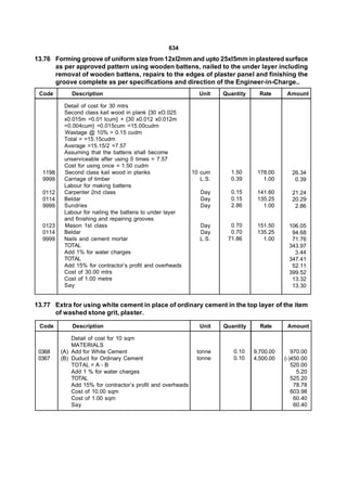 634
13.76 Forming groove of uniform size from 12xl2mm and upto 25xl5mm in plastered surface
      as per approved pattern using wooden battens, nailed to the under layer including
      removal of wooden battens, repairs to the edges of plaster panel and finishing the
      groove complete as per specifications and direction of the Engineer-in-Charge..
 Code        Description                                       Unit    Quantity     Rate      Amount

          Detail of cost for 30 mtrs
          Second class kail wood in plank {30 xO.025
          x0.015m =0.01 lcum} + {30 x0.012 x0.012m
          =0.004cum} =0.015cum =15.00cudm
          Wastage @ 10% = 0.15 cudm
          Total = =15.15cudm
          Average =15.15/2 =7.57
          Assuming that the battens shall become
          unserviceable after using 5 times = 7.57
          Cost for using once = 1.50 cudm
  1198    Second class kail wood in planks                   10 cum      1.50      178.00       26.34
  9999    Carriage of timber                                    L.S.     0.39        1.00        0.39
          Labour for making battens
  0112    Carpenter 2nd class                                   Day      0.15      141.60       21.24
  0114    Beldar                                                Day      0.15      135.25       20.29
  9999    Sundries                                              Day      2.86        1.00        2.86
          Labour for nailing the battens to under layer
          and finishing and repairing grooves
  0123    Mason 1st class                                       Day      0.70      151.50     106.05
  0114    Beldar                                                Day      0.70      135.25      94.68
  9999    Nails and cement mortar                               L.S.    71.86        1.00      71.76
          TOTAL                                                                               343.97
          Add 1% for water charges                                                              3.44
          TOTAL                                                                               347.41
          Add 15% for contractor’s profit and overheads                                        52.11
          Cost of 30.00 mtrs                                                                  399.52
          Cost of 1.00 metre                                                                   13.32
          Say                                                                                  13.30


13.77 Extra for using white cement in place of ordinary cement in the top layer of the item
      of washed stone grit, plaster.

 Code        Description                                        Unit   Quantity     Rate      Amount

             Detail of cost for 10 sqm
             MATERIALS
 0368    (A) Add for White Cement                             tonne       0.10    9,700.00      970.00
 0367    (B) Duduct for Ordinary Cement                       tonne       0.10    4,500.00   (-)450.00
             TOTAL = A - B                                                                      520.00
             Add 1 % for water charges                                                            5.20
             TOTAL                                                                              525.20
             Add 15% for contractor’s profit and overheads                                       78.78
             Cost of 10.00 sqm                                                                  603.98
             Cost of 1.00 sqm                                                                    60.40
             Say                                                                                 60.40
 