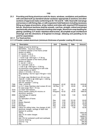 1182
21.1    Providing and fixing aluminium work for doors, windows, ventilators and partitions
        with extruded built up standard tubular sections/ appropriate Z sections and other
        sections of approved make conforming to IS: 733 and IS : 1285, fixed with rawl plugs
        and screws or with fixing clips, or with expansion hold fasteners including necessary
        filling up of gaps at junctions, at top, bottom and sides with required PVC/neoprene
        felt etc. Aluminium sections shall be smooth, rust free, straight, mitred and jointed
        mechanically wherever required including cleat angle, Aluminium snap beading for
        glazing / panelling, C.P. brass / stainless steel screws, all complete as per architectural
        drawings and the directions of Engineer-in-charge. (Glazing and panelling to be
        paid for separately):
2l.1.1 For fixed portion.
2.1.1.2 Powder coated aluminium (minimum thickness of powder coating 50 micron)

 Code      Description                                        Unit       Quantity   Rate     Amount
          Details of cost for 40.02 kg
          MATERIAL : Aluminium Section
          (i) External member of the frame (Jindal
          section no 4605)
          V= 2x2.40 = 4.80 m
          H = 2x3x0.95 = 5.70 m
          = 10.50 m @ 1.653 kg/m = 17.36 kg
          (ii) Internal member of the frame (Jindal
          section no 4604)
          V- 2x2.40 = 4.80 m
          H= 1x3x0.95= 2.85 m
          = 7.65 m @ 1.692 kg/m = 12.94 kg
          (iii) Aluminium snap beading on both side
          (Jindal section no 4407)
          2x6x2 (1.14+0.95) = 50.16 m
          Snap beading = 50.16 m @ 0.176 kg/m = 8.33
          kg
          (iv) Angle cleat 38x38x4.8 mm 50 mm long
          18x0.05 = 0.900 m @ 0.985 kg/m = 0.89 kg
          Sub total =40.02 kg
          Add 5% wastage = 2.00 kg
 7306     Total = 42.02 kg                                    Kilogram   42.02      195.00    8193.90
 0589     (v) C.P. brass /stainless steel screws 20 mm        100 Nos    72          63.00      45.36
          for cleat angle 18x4 = 72 nos
 7019     (vi) Dash hold fastners                             each       12           8.00      96.00
 7392     Epoxy powder coating 50 microns on                  Kilogram   42.02       45.00    1890.00
          aluminium sections.
 9999     (viii) Carriage of material                         L.S        52.00        1.00      52.00
          LABOUR
          For fabrication of frame
 0116     Fitter                                              Day         0.62      151.50      93.93
 0139     Beldar (Special)                                    Day         0.54      138.45      74.76
 0114     Beldar                                              Day         0.36      135.25      48.69
 0100     Bandhani                                            Day         0.04      138.45       5.54
 9999     Labour for drilling holes, hire charges of drill,   L.S.       52.00        1.00      52.00
          electricity charges, carriage of dash hold
          fastners & sundries
          TOTAL                                                                              10553.08
          Add 1% for water charges                                                             105.53
          TOTAL                                                                              10658.61
          Add 15% for contractor’s profit and overheads                                       1598.79
          Cost for 40.02 kg                                                                  12257.40
          Cost for 1 kg                                                                        306.28
          Say                                                                                  306.30
 