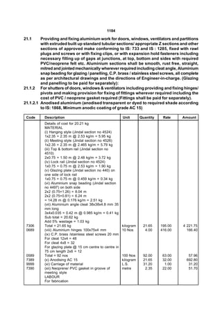 1184

21.1     Providing and fixing aluminium work for doors, windows, ventilators and partitions
         with extruded built up standard tubular sections/ appropriate Z sections and other
         sections of approved make conforming to IS: 733 and IS : 1285, fixed with rawl
         plugs and screws or with fixing clips, or with expansion hold fasteners including
         necessary filling up of gaps at junctions, at top, bottom and sides with required
         PVC/neoprene felt etc. Aluminium sections shall be smooth, rust free, straight,
         mitred and jointed mechanically wherever required including cleat angle, Aluminium
         snap beading for glazing / panelling, C.P. brass / stainless steel screws, all complete
         as per architectural drawings and the directions of Engineer-in-charge. (Glazing
         and panelling to be paid for separately):
21.1.2 For shutters of doors, windows & ventilators including providing and fixing hinges/
         pivots and making provision for fixing of fittings wherever required including the
         cost of PVC / neoprene gasket required (Fittings shall be paid for separately).
21.1.2.1 Anodised aluminium (anodised transparent or dyed to required shade according
         to IS: 1868, Minimum anodic coating of grade AC 15)

 Code      Description                                     Unit       Quantity    Rate    Amount
           Details of cost for 20.21 kg
           MATERIAL
           (i) Hanging style (Jindal section no 4524)
           1x2.35 = 2.35 m @ 2.53 kg/m = 5.95 kg
           (ii) Meeting style (Jindal section no 4526)
           1x2.35 = 2.35 m @ 2.465 kg/m = 5.79 kg
           (iii) Top & bottom rail (Jindal section no
           4510)
           2x0.75 = 1.50 m @ 2.48 kg/m = 3.72 kg
           (iv) Lock rail (Jindal section no 4524)
           1x0.75 = 0.75 m @ 2.53 kg/m = 1.90 kg
           (v) Glazing plate (Jindal section no 440) on
           one side of lock rail
           1x0.75 = 0.75 m @ 0.459 kg/m = 0.34 kg
           (vi) Aluminium snap beading (Jindal section
           no 4497) on both side
           2x2 (0.75+1.26) = 8.04 m
           2x2 (0.75+0.81) = 6.24 m
           = 14.28 m @ 0.176 kg/m = 2.51 kg
           (vii) Aluminium angle cleat 38x38x4.8 mm 35
           mm long
           3x4x0.035 = 0.42 m @ 0.985 kg/m = 0.41 kg
           Sub total = 20.62 kg
           Add 5% wastage = 1.03 kg
 7306      Total = 21.65 kg                                kilogram    21.65     195.00   4 221.75
 0689      (viii) Aluminium hinges 100x75x4 mm             10 Nos       4.00     416.00     166.40
           (ix) C.P. brass /stainless steel screws 20 mm
           For cleat 12x4 = 48
           For cleat 4x8 = 32
           For glazing plate @ 15 cm centre to centre in
           75 cm length 2x6 = 12
 0589      Total = 92 nos                                  100 Nos     92.00      63.00     57.96
 7389      (x) Anodising AC 15                             kilogram    21.65      32.00    692.80
 9999      (xi) Carriage of material                       L.S.        31.20       1.00     31.20
 7390      (xii) Neoprene/ PVC gasket in groove of         metre        2.35      22.00     51.70
           meeting style
           LABOUR
           For fabrication
 
