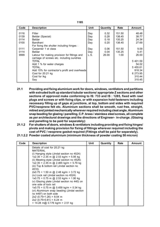 1185

 Code      Description                                     Unit   Quantity    Rate     Amount

 0116      Fitter                                          Day       0.32    151.50       48.48
 0139      Beldar (Special)                                Day       0.28    138.45       38.77
 0114      Beldar                                          Day       0.18    135.25       24.34
 0100      Bandhani                                        Day       0.20    138.45       27.69
           For fixing the shutter including hinges :
 0111      Carpenter 1 st class                            Day      0.06     151.50        9.09
 0114      Beldar                                          Day      0.04     135.25        5.41
 9999      Labour for making provision for fittings and    L.S.    26.00       1.00       26.00
           carriage of screws etc. including sundries
           TOTAL                                                                       5 401.59
           Add 1 % for water charges                                                      54.02
           TOTAL.                                                                      5 455.61
           Add 15% for contractor’s profit and overheads                                 818.34
           Cost for 20.21 kg                                                           6 273.95
           Cost for lkg                                                                  310.44
           Say                                                                           310.45


21.1     Providing and fixing aluminium work for doors, windows, ventilators and partitions
         with extruded built up standard tubular sections/ appropriate Z sections and other
         sections of approved make conforming to IS: 733 and IS : 1285, fixed with rawl
         plugs and screws or with fixing clips, or with expansion hold fasteners including
         necessary filling up of gaps at junctions, at top, bottom and sides with required
         PVC/neoprene felt etc. Aluminium sections shall be smooth, rust free, straight,
         mitred and jointed mechanically wherever required including cleat angle, Aluminium
         snap beading for glazing / panelling, C.P. brass / stainless steel screws, all complete
         as per architectural drawings and the directions of Engineer- in-charge. (Glazing
         and panelling to be paid for separately):
21.1.2 For shutters of doors, windows & ventilators including providing and fixing hinges/
         pivots and making provision for fixing of fittings wherever required including the
         cost of PVC / neoprene gasket required (Fittings shall be paid for separately).
21.1.2.2 Powder coated aluminium (minimum thickness of powder coating 50 micron)

 Code      Description                                     Unit   Quantity    Rate     Amount
           Details of cost for 20.21 kg
           MATERIAL
           (i) Hanging style (Jindal section no 4524)
           1x2.35 = 2.35 m @ 2.53 kg/m = 5.95 kg
           (ii) Meeting style (Jindal section no 4526)
           1x2.35 = 2.35 m @ 2.465 kg/m = 5.79 kg
           (iii) Top & bottom rail (Jindal section no
           4510)
           2x0.75 = 1.50 m @ 2.48 kg/m = 3.72 kg
           (iv) Lock rail (Jindal section no 4524)
           1x0.75 = 0.75 m @ 2.53 kg/m = 1.90 kg
           (v) Glazing plate (Jindal section no 440) on
           one side of lock rail
           1x0.75 = 0.75 m @ 0.459 kg/m = 0.34 kg
           (vi) Aluminium snap beading (Jindal section
           no 4497) on both side
           2x2 (0.75+1.26) = 8.04 m
           2x2 (0.75+0.81) = 6.24 m
           = 14.28 m@ 0.176 kg/m = 2.51 kg
 
