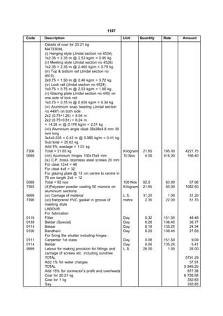 1187
Code   Description                                     Unit       Quantity   Rate     Amount
       Details of cost for 20.21 kg
       MATERIAL
       (i) Hanging style (Jindal section no 4524)
       1x2.35 = 2.35 m @ 2.53 kg/m = 5.95 kg
       (ii) Meeting style (Jindal section no 4526)
       1x2.35 = 2.35 m @ 2.465 kg/m = 5.79 kg
       (iii) Top & bottom rail (Jindal section no
       4510)
       2x0.75 = 1.50 m @ 2.48 kg/m = 3.72 kg
       (iv) Lock rail (Jindal section no 4524)
       1x0.75 = 0.75 m @ 2.53 kg/m = 1.90 kg
       (v) Glazing plate (Jindal section no 440) on
       one side of lock rail
       1x0.75 = 0.75 m @ 0.459 kg/m = 0.34 kg
       (vi) Aluminium snap beading (Jindal section
       no 4497) on both side
       2x2 (0.75+1.26) = 8.04 m
       2x2 (0.75+0.81) = 6.24 m
       = 14.28 m @ 0.176 kg/m = 2.51 kg
       (vii) Aluminium angle cleat 38x38x4.8 mm 35
       mm long
       3x4x0.035 = 0.42 m @ 0.985 kg/m = 0.41 kg
       Sub total = 20.62 kg
       Add 5% wastage = 1.03 kg
7306   Total = 21.65 kg                                Kilogram    21.65     195.00    4221.75
0689   (viii) Aluminium hinges 100x75x4 mm             10 Nos       4.00     416.00     166.40
       (ix) C.P. brass /stainless steel screws 20 mm
       For cleat 12x4 = 48
       For cleat 4x8 = 32
       For glazing plate @ 15 cm centre to centre in
       75 cm length 2x6 = 12
0589   Total = 92 nos                                  100 Nos     92.0       63.00      57.96
7393   (X)Polyester powder coating 50 microns on       Kilogram    21.65      50.00    1082.50
       aluminium sections
9999   (xi) Carriage of material                       L.S.        31.20       1.00      31.20
7390   (xii) Neoprene/ PVC gasket in groove of         metre        2.35      22.00      51.70
       meeting style
       LABOUR
       For fabrication
0116   Fitter                                          Day          0.32     151.50      48.48
0139   Beldar (Special)                                Day          0.28     138.45      38.77
0114   Beldar                                          Day          0.18     135.25      24.34
0100   Bandhani                                        Day          0.20     138.45      27.69
       For fixing the shutter including hinges :
0111   Carpenter 1st class                             Day          0.06     151.50       9.09
0114   Beldar                                          Day          0.04     135.25       5.41
9999   Labour for making provision for fittings and    L.S.        26.00       1.00      26.00
       carriage of screws etc. including sundries
       TOTAL                                                                           5791.29
       Add 1% for water charges                                                          57.91
       TOTAL                                                                          5 849.20
       Add 15% for contractor’s profit and overheads                                    877.38
       Cost for 20.21 kg                                                              6 726.58
       Cost for 1 kg                                                                    332.83
       Say                                                                              332.85
 