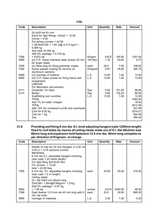 1192
 Code   Description                                      Unit       Quantity     Rate     Amount

        25.4x25.4xl.63 mm
        Extra for light fittings =3x2x2 = 12.00
        Corner = 4.00
        For joining runners = 42.00
        = 58.00x0.025 = 1.45 m@ 0.213 kg/m =
        0.309 kg
        Sub total =6.354 kg
        Add 5% wastage = 0.318 kg
 7306   = 6.672 kg                                       Kilogrm        6.672    195.00    1301.04
 0589   (iii) C.P. brass/ stainless steel screws 20 mm   100 Nos        1.16      63.00       0.73
        for angle cleats
 7048   (iv) Rawl plug for fixing perimeter angles       each          24.0        7.00     168.00
 7392   Epoxy powder coating 50 microns on               Kilogram       6.67      45.00     300.15
        aluminium sections,
 9999   (vi) Carriage of material                        L.S.          13.00       1.00      13.00
 9999   (vii) C.P. brass screws for fixing frame with    L.S.          13.00       1.00      13.00
        suspenders
        LABOUR
        For fabrication and erection
 0111   Carpenter 1st class                              Day            0.64     151.50      96.96
 0114   Beldar                                           Day            0.64     135.25      86.56
        Scaffolding and sundries                         L.S.          13.00       1.00      13.00
        TOTAL                                                                              1992.44
        Add 1% for water charges                                                             19.92
        TOTAL                                                                              2012.36
        Add 15% for contractor’s profit and overheads                                       301.85
        Cost for 6.35 kg                                                                   2314.21
        Cost for 1 kg                                                                       364.44
        Say                                                                                 364.45


21.6    Providing and fixing 6 mm dia. G.I. level adjusting hangers (upto 1200mm length)
        fixed to roof slabs by means of ceiling cleats made out of G.I. flat 40x3mm size
        60mm long and expansion hold fasteners 12.5 mm dia. 40mm long complete as
        per direction of Engineer -in-charge.
 Code   Description                                      Unit       Quantity     Rate     Amount

        Details of cost for 23 nos (hangers in 2.40 mx
        2.40 m = 5.76 sqm)one number
        MATERIAL
        6 mm dia G.I. adjustable hangers including
        clips (upto 1.20 metre length)
        For light fiting 2x4=8.00 Nos
        For runners = 15.00
        total = 23.00 Nos
 7395   6 mm dia. G.I. adjustable hangers including      each          23.00      25.00     575.00
        clips (upto 1.2 m length)
        Ceiling cleats
        G.I. flat 40X3 mm 60mm long
        23x0.06= 1.38m@0.95kg/m= 1.31kg
        Add 5% wastage = 0.07 kg
 0992   = 1.38 kg                                        quintal        0.014   3450.00      48.30
 7388   Dash fastner 12.5 mm dia 40 mm long with 6       each          23.0       30.00     690.00
        mm dia bolts
 9999   Carriage of materials                            L.S.           5.20       1.00       5.20
 