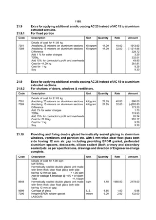 1195
21.9     Extra for applying additional anodic coating AC 25 instead of AC 15 to aluminium
         extruded sections.
21.9.1   For fixed portion
 Code    Description                                    Unit    Quantity    Rate     Amount
         Details of cost for 41.09 kg
 7391    Anodising 25 microns on aluminium sections Kilogram       41.09     40.00      1643.60
 7389    Anodising 15 microns on aluminium sections Kilogram       41.09     32.00   (-)1314.88
         Difference                                                                      328.72
         Add 1 % for water charges                                                         3.29
         TOTAL                                                                           332.01
         Add 15% for contractor’s profit and overheads                                    49.80
         Cost for 41.09 kg                                                               381.81
         Cost for 1 kg                                                                     9.29
         Say                                                                               9.30



21.9     Extra for applying additional anodic coating AC 25 instead of AC 15 to aluminium
         extruded sections.
21.9.2   For shutters of doors, windows & ventilators.
 Code    Description                                    Unit    Quantity    Rate     Amount
         Details of cost for 21.65 kg
 7391    Anodising 25 microns on aluminium sections kilogram       21.65     40.00       866.00
 7389    Anodising 15 microns on aluminium sections kilogram       21.65     32.00    (-)692.80
         Difference                                                                      173.20
         Add 1% for water charges                                                          1.73
         TOTAL                                                                           174.93
         Add 15% for contractor’s profit and overheads                                    26.24
         Cost for 21.65kg                                                                201.17
         Cost for 1 kg                                                                     9.29
         Say                                                                               9.30


21.10    Providing and fixing double glazed hermetically sealed glazing in aluminium
         windows, ventilators and partition etc. with 6 mm thick clear float glass both
         side having 12 mm air gap including providing EPDM gasket, perforated
         aluminium spacers, desiccants, silicon sealant (Both primary and secondary
         sealant) etc. as per specifications, drawings and direction of Engineer-in-charge
         complete.
 Code    Description                                    Unit    Quantity    Rate     Amount
         Details of cost for 1.00 sqm
         MATERIAL
         Hermetically sealled double glazed unit made
         with 6mm thick clear float glass both side
         having 12 mm air gap.             = 1.00 sqm
         Add for wastage & breakage @ 10% = 0.10sqm
         Total                               =1.10sqm
 8648    Hermetically sealled double glazed unit made   sqm         1.10   1980.00     2178.00
         with 6mm thick clear float glass both side
         having 12 mm air gap.
 9999    Carriage of glass                              L.S.        6.66      1.00        6.66
 7390    Neoprin/EPDM rubber gasket                     metre       6.00      2.00      132.00
         LABOUR:
 