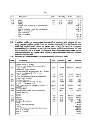 1214

Code        Description                                      Unit      Quantity     Rate     Amount

 0124      Beldar                                              Day      0.54        141.60      76.46
 0114      Bhishti                                             Day      0.54        135.25      73.04
 0101      TOTAL                                               Day      0.45        138.45      62.30
           Add for water charges @ 1% on all except ‘A’                                       4826.46
           TOTAL                                                                                36.44
           Add for contractor’s profit and overheads @                                        4862.90
           15% on all except ‘A’                                                               552.06
           Cost for 10 sqm
           Cost for one sqm                                                                   5414.96
           Say                                                                                 541.50
                                                                                               541.50

22.8   Providing and laying four courses water proofing treatment with bitumen felt over
       roofs consisting of first and third courses of blown bitumen 85/25 or 90/15 conforming
       to IS : 702 applied hot @ 1.45 Kg per square metre of area for each course, second
       course of roofing felt type 3 grade-I (Hessian based self finished bitumen” felt) and
       fourth and final course of stone grit 6mm and down size or pea-sized gravel spread
       at 6 cubic diameter per square metre including preparation of surface but excluding
       grading complete with :
22.8.1 Bitumen felt (Hessian base) type 3 grade I conforming to IS : 1322.

Code       Description                                        Unit     Quantity    Rate      Amount

        Details of cost for 30 sqm
        Blown or / and residual bitumen applied hot
 0313   = 2x1.45x30 = 87 kg                                   tonne      0.087    25000.00   2175.00
        Hession felt type 3 Grade I
        (hessian base self finished bitumen felt) = 30 sqm
        Add for over lapping @ 10% = 3 sqm.
 0322    Total = 33 Sqm.                                       sqm      33.00        45.00   1485.00
 1177   Stone grit 6mm and down size or pea sized              cum       0.18       717.00    129.06
        gravel. 30x6=180 cudm.
 2202   Carriage of stone grit                                  cum      0.18        53.21       9.58
 2211   Carriage of bitumen and felt. = 0.162t                tonne      0.162       53.21       8.62
        0.087tx2.7x.001x33=0.162t
 0370   Fuel (Steam coal) = 2 quintals/t of bitumen i.e.     quintal     0.174      300.00     52.20
        2x0.087=0.174q
 2200   Carriage of fuel                                      tonne      0.174       60.81      1.06
 9999   Praparing roof surface, sutting groove and              L.S    134.55         1.00    134.55
        making good etc.
        Labour:
 0131   Painter                                                Day       2.16       141.60     305.86
 0114   Beldar                                                 Day       3.24       135.25     438.21
 0130   Mistries                                               Day       0.18       151.50      27.27
 9999   Sundries, brushes etc.                                 L.S       6.76         1.00       6.76
        TOTAL                                                                                4 773.17
        Add 1% for water charges                                                                47.73
        TOTAL                                                                                4 820.90
        Add 15% for contractor’s profit and overheads                                          723.14
        Cost of 30.00 Sqm.                                                                   5 544.04
        Cost of 1.00 Sqm.                                                                      184.80
        Say                                                                                    184.80
 