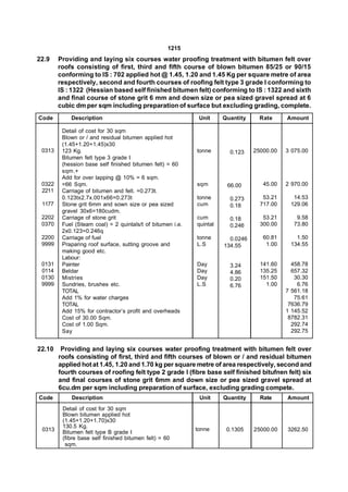 1215
22.9    Providing and laying six courses water proofing treatment with bitumen felt over
        roofs consisting of first, third and fifth course of blown bitumen 85/25 or 90/15
        conforming to IS : 702 applied hot @ 1.45, 1.20 and 1.45 Kg per square metre of area
        respectively, second and fourth courses of roofing felt type 3 grade I conforming to
        IS : 1322 (Hessian based self finished bitumen felt) conforming to IS : 1322 and sixth
        and final course of stone grit 6 mm and down size or pea sized gravel spread at 6
        cubic dm per sqm including preparation of surface but excluding grading, complete.
Code        Description                                      Unit     Quantity     Rate     Amount

         Detail of cost for 30 sqm
         Blown or / and residual bitumen applied hot
         (1.45+1.20+1.45)x30
 0313    123 Kg.                                            tonne       0.123    25000.00   3 075.00
         Bitumen felt type 3 grade I
         (hession base self finished bitumen felt) = 60
         sqm.+
         Add for over lapping @ 10% = 6 sqm.
 0322    =66 Sqm.                                           sqm        66.00        45.00   2 970.00
 2211    Carriage of bitumen and felt. =0.273t.
         0.123tx2.7x.001x66=0.273t                          tonne       0.273       53.21     14.53
 1177    Stone grit 6mm and sown size or pea sized          cum         0.18       717.00    129.06
         gravel 30x6=180cudm.
 2202    Carriage of stone grit                             cum         0.18        53.21      9.58
 0370    Fuel (Steam coal) = 2 quintals/t of bitumen i.e.   quintal     0.246      300.00     73.80
         2x0.123=0.246q
 2200    Carriage of fuel                                   tonne       0.0246      60.81      1.50
 9999    Praparing roof surface, sutting groove and         L.S       134.55         1.00    134.55
         making good etc.
         Labour:
 0131    Painter                                            Day         3.24       141.60     458.78
 0114    Beldar                                             Day         4.86       135.25     657.32
 0130    Mistries                                           Day         0.20       151.50      30.30
 9999    Sundries, brushes etc.                             L.S         6.76         1.00       6.76
         TOTAL                                                                              7 561.18
         Add 1% for water charges                                                              75.61
         TOTAL                                                                               7636.79
         Add 15% for contractor’s profit and overheads                                      1 145.52
         Cost of 30.00 Sqm.                                                                  8782.31
         Cost of 1.00 Sqm.                                                                    292.74
         Say                                                                                  292.75


22.10    Providing and laying six courses water proofing treatment with bitumen felt over
        roofs consisting of first, third and fifth courses of blown or / and residual bitumen
        applied hot at 1.45, 1.20 and 1.70 kg per square metre of area respectively, second and
        fourth courses of roofing felt type 2 grade I (fibre base self finished bitufnen felt) six
        and final courses of stone grit 6mm and down size or pea sized gravel spread at
        6cu.dm per sqm including preparation of surface, excluding grading compete.
Code        Description                                      Unit     Quantity     Rate     Amount
         Detail of cost for 30 sqm
         Blown bitumen applied hot
         (1.45+1.20+1.70)x30
         130.5 Kg.
 0313                                                       tonne      0.1305    25000.00   3262.50
         Bitumen felt type B grade I
         (fibre base self finished bitumen felt) = 60
          sqm.
 