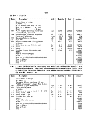 1224
22.20.1 3 mm thick
 Code      Description                                     Unit    Quantity    Rate    Amount

        Detail of cost for 30 sqm
        MATERIALS :
        A.P.P. modified 3mm thick - 30 sqm
        Add 10% for wastage           = 3 sqm.
        Total                        = 33 sqm
 8205   A.P.P. modified 3 mm thick membrance               sqm     33.00      221.00   7 293.00
        reinforced with polyster matt
 8206   Bitumen primer for bitumen membrane                litre   12.00       54.00     648.00
 2211   Carriage of Tar bitumen                            tonne    0.012      53.21       0.64
 9999   Carriage of bitumen membrane                       L.S.     7.80        1.00       7.80
 1241   Fuel LPG                                           kg       7.00       35.00     245.00
 9999   Preparing roof surface, cutting grooves            L.S.    49.53        1.00      49.53
        LABOUR:
 0159   Skilled torch operator for laying tack             Day      2.16      151.50     327.24
 0130   Mistry                                             Day      0.18      151.50      27.27
 0114   Beldar                                             Day      3.24      135.25     438.21
 9999   Sundries, brushes, bitumen torch etc               L.S.    23.40        1.00      23.40
        TOTAL                                                                           9060.09
        Add 1% for water charges                                                          90.60
        TOTAL                                                                           9150.69
        Add 15% for contractor’s profit and overheads                                   1372.60
        Cost for 30 sqm                                                                10523.29
        Cost for 1 sqm                                                                   350.78
        Say                                                                              350.80

22.21 Extra for covering top of membrane with Geotextile, 120gsm non woven, 100%
      polyester of thickness 1 to 1.25mm bonded to the membrane with intermittent touch
      by heating the membrane by Butane Torch as per manufactures recommendation
      [for Item No. 25.18 to 25.20]
 Code      Description                                     Unit    Quantity    Rate    Amount
        Detail of cost for 30 sqm
        MATERIALS :
        Geotextile 120 gsm membrane =30 sqm
        Add 5% for wastage = 1.5 sqm. Total 31.50m2
 8207   Geotextile 120 gsm membrance                       sqm     31.50       25.00     787.50
 9999   Carriage of Geotextile                              L.S.    7.80        1.00       7.80
        LABOUR:
 0159   Skilled torch operator or fitter 2.16  5 = 0.43   Day      0.43      151.50      65.14
 0130   Mistry 0.18-5 = 0.04                               Day      0.04      151.50       6.06
 0114   Beldar 3.24-5 = 0.65                               Day      0.65      135.25      87.91
 9999   Sundries, torch, LPG etc                           L.S.    46.80        1.00      46.80
        TOTAL                                                                           1001.21
        Add 1 % for water charges                                                         10.01
        TOTAL-                                                                          1011.22
        Add 15% for contractor’s profit and overheads                                    151.68
        Cost for 30 sqm                                                                 1162.90
        Cost for 1 sqm                                                                    38.76
        Say                                                                               38.75
 