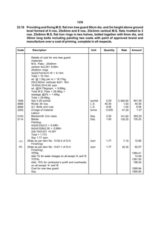 1236
23.16 Providing and fixing M.S. flat iron tree guard 60cm dia. and 2m height above ground
      level formed of 4 nos. 25x6mm and 8 nos. 25x3mm vertical M.S. flats rivetted to 3
      nos. 25x6mm M.S. flat iron rings in two halves, bolted together with 8mm dia. and
      30mm long bolts including painting two coats with paint of approved brand and
      manufacture over a coat of priming, complete in all respects.

Code       Discription                                        Unit      Quantity     Rate     Amount

          Details of cost for one tree guard-
          materials
          M.S. Flats:- 25x6mm
          vertical 4x2.25= 9.00m
          25x6mm rings
          3x(22/7x0.6)+0.16 = 6.14m
          Total = 15.14m
          wt. @ 1.2kg per m = 18.17kg.
          25x3.00mm verticals 8x2= 16m
          16.00x0.25=0.40 sqm.
          wt. @24.73kg/sqm. = 9.89kg.
          Total M.S. Flats = 28.06kg +
          wastage @5% = 1.40kg
          Total = 29.46kg.
1008      Say 0.29 quintal                                    quintal    0.29      2 900.00    841.00
9999      Rivets 36 nos.                                      L.S.      40.30          1.00     40.30
9999      G.I. Bolts and nuts                                 L.S.       8.06          1.00      8.06
2205      Crriage of material                                 tonne      0.029        47.29      1.37
          Labour:
0103      Blacksmith 2nd class                                Day        2.00       141.60     283.20
0114      Beldar                                              Day        1.00       135.25     135.25
          Painting-
          4x2x0.03x2.0 = 0.496+
          8x2x0.028x2.00 = 0.896+
          2x6.14x0.031 =0.381
          Total = 1.773
          Say 1.77 sqm.
 (A)   (Rate as per item No. 13.50.4 of S.H.                  sqm        1.77          7.15     12.66
          Finishing)
 (B)   (Rate as per item No. 13.61.1 of S.H.                  sqm        1.77        35.35      62.57
          Finishing)
          TOTAL                                                                               1384.41
          Add 1% for water charges on all except ‘A’ and’ B                                     13.09
          TOTAL                                                                               1391.50
          Add, 15% for contractor’s profit and overheads                                       198.34
          on all except ‘A’ and’ B’
          Cost for one tree guard                                                             1595.84
          Say                                                                                 1595.85
 
