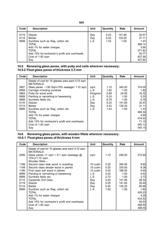 643

 Code      Description                                       Unit       Quantity   Rate     Amount

 0119   Glazier                                              Day          0.23     141.60      32.57
 0114   Beldar                                               Day          0.23     135.25      31.11
 9999   Sundries such as Rag, cotton etc                     L.S.         1.43       1.00       1.43
        TOTAL                                                                                 368.14
        Add 1% for water charges                                                                3.68
        TOTAL                                                                                 371.82
        Add 15% for’contractor’s profit and overheads                                          55.77
        Cost of 1.00 sqm                                                                      427.59
        Say                                                                                   427.60

14.5 Renewing glass panes, with putty and nails wherever necessary:
14.5.2 Float glass panes of thickness 5.5 mm

 Code      Description                                       Unit       Quantity   Rate     Amount
        Details of cost for 10 glasses area each 0.10 sqm.
        MATERIALS
 2407   Glass panes - 1.00 Sqm+10% wastage= 1.10 sqm.        sqm           1.10    340.00     374.00
 9999   Carriage including sundries                          L.S.          1.82      1.00       1.82
 0863   Putty for wood work                                  Kilogram      0.68     24.00      16.32
 9999   Painting or varnishing or beewaxing                  L.S.          5.33      1.00       5.33
 9999   Sundries Nails etc.                                  L.S.          6.76      1.00       6.76
 0119   Glazier                                              Day           0.23    141.60      32.57
 0114   Beldar                                               Day           0.23    135.25      31.11
 9999   Sundries such as Rag, cotton etc                     L.S.          1.43      1.00       1.43
        TOTAL                                                                                 469.34
        Add 1% for water charges                                                                4.69
        TOTAL                                                                                 474.03
        Add 15% for contractor’s profit and overheads                                          71.10
        Cost of 1.00 sqm                                                                      545.13
        Say                                                                                   545.15

14.6 Renewing glass panes, with wooden fillets wherever necessary:
14.6.1 Float glass panes of thickness 4 mm

 Code      Description                                       Unit       Quantity   Rate     Amount
        Details of cost for 10 glasses area each 0.10 sqm.
        MATERIALS
 2406   Glass panes =1 sqm + 0.1 sqm (wastage @              sqm          1.10     248.00     272.80
        10%)=1.10 sqm.
        Wooden fillets -
 1189   Second class teak wood in scantling                  10 cudm      0.25     394.00       9.85
 1194   Second class deodar wood in planks                   10 cudm      0.25     335.00       8.38
 1196   First class kail wood in planks                      10 cudm      0.25     186.00       4.65
 9999   Painting or varnishing or beewaxing                  L.S.         4.42       1.00       4.42
 9999   Sundries Nails etc.                                  L.S.         2.73       1.00       2.73
 0112   Carpenter 2nd class                                  Day          0.20     141.60      28.32
 0119   Glazier                                              Day          0.25     141.60      35.40
 0114   Beldar                                               Day          0.45     135.25      60.86
 9999   Sundries such as Rag, cotton etc                     L.S.         1.82       1.00       1.82
        TOTAL                                                                                 429.23
        Add 1% for water charges                                                                4.29
        TOTAL                                                                                 433.52
        Add 15% for contractor’s profit and overheads                                          65.03
        Cost of 1.00 sqm                                                                      498.55
        Say                                                                                   498.55
 