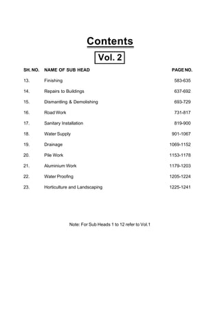 Contents
                                      Vol. 2
SH. NO.   NAME OF SUB HEAD                                           PAGE NO.

13.       Finishing                                                   583-635

14.       Repairs to Buildings                                        637-692

15.       Dismantling & Demolishing                                   693-729

16.       Road Work                                                   731-817

17.       Sanitary Installation                                       819-900

18.       Water Supply                                               901-1067

19.       Drainage                                                  1069-1152

20.       Pile Work                                                 1153-1178

21.       Aluminium Work                                            1179-1203

22.       Water Proofing                                            1205-1224

23.       Horticulture and Landscaping                              1225-1241




                       Note: For Sub Heads 1 to 12 refer to Vol.1
 