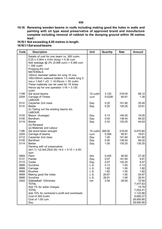 650
14.16 Renewing wooden beams in roofs including making good the holes in walls and
        painting with oil type wood preservative of approved brand and manufacture
        complete including removal of rubbish to the dumping ground within 50 metres
        lead :
14.16.1 Not exceeding 4.00 metres in length.
14.16.1.1 Sal wood beams

 Code      Description                                  Unit      Quantity   Rate     Amount
        Details of cost for one beam i.e. 300 cudm.
        0.25 x 0.30m x 4.0m (long) = 0.30 cum
        Add wastage @ 2% (0.006 cum) = 0.306 cum
        = 306 cudm
        Propping the roof
        MATERIALS
        100mm diameter ballies 4m long 10 nos.
        100x100mm salwood battens 1.0 metre long 5
        nos.x 1.0x0.1 xO. 1 =0.05cum = 50 cudm.
        These materials can be used for 16 times
        Hence qty for one operation 1/16 = 3.125
        cudm
 1199   Sal wood beams                                  10 cudm     3.125    218.00       68.12
 2204   Carriage of Timber                              cum         0.0228    60.81        1.39
        LABOUR
 0112   Carpenter 2nd class                             Day         0.25     141.60       35.40
 0114   Beldar                                          Day         0.25     135.25       33.81
        (ii) Taking out the existing beams etc.
        LABOUR
 0155   Mason (Avarage)                                 Day         0.13     146.55       19.05
 0100   Bandhani                                        Day         0.50     138.45       69.22
 0114   Beldar                                          Day         0.33     135.25       44.63
        (iii) Renewal
        (a) Materials and Labour
 1199   Sal wood beam wrought                           10 cudm 306.00       218.00    6,670.80
 2204   Carriage of beams                               cum       0.306       60.81       18.61
 0112   Carpenter 2nd class                             Day       1.00       141.60      141.60
 0100   Bandhani                                        Day       0.50       138.45       69.22
 0114   Beldar                                          Day       1.00       135.25      135.25
        Painting with oil preservative
        (4x1.1) +(2.0x0.25x0.30) =4.4 + 0.15 = 4.55-
        sqm
 0859   Paint                                           litre       0.455     60.00       27.30
 0131   Painter                                         Day         0.07     141.60        9.91
 0115   Coolie                                          Day         0.07     135.25        9.47
 9999   Sundries                                        L.S.        0.13       1.00        0.13
 9999   Carriage                                        L.S.        1.82       1.00        1.82
 9999   Brushes                                         L.S.        1.82       1.00        1.82
 9999   Making good the holes                           L.S.       20.67       1.00       20.67
 9999   Sundries                                        L.S.       26.91       1.00       26.91
 0302   SafedaBalli 125mmdia                            mtr         2.50      29.00       72.50
        TOTAL                                                                          7,477.63
        Add 1% for water charges                                                          74.78
        TOTAL                                                                          7,552.41
        Add 15% for contractor’s profit and overheads                                  1,132.86
        Cost of 300 Cudm                                                               8,685.27
        Cost of 1.00 cum                                                              28,950.90
        Say                                                                           28,950.90
 
