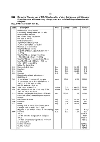 658
14.22   Renewing Wrought iron or M.S. Wheel or roller of steel door or gate and fitting and
        fixing the same with necessary clamps, nuts and bolts/welding and erection etc.
        complete.
14.22.2 Wheel above 50 mm dia.

 Code      Description                                      Unit      Quantity    Rate       Amount
        Detail of cost for 10 wheels
        Considering average wheel dia =75 mm
        Width of wheel =40 mm
        M.S. flat for clamp = 60x8 mm
        Bolt size 16 mm dia.
        Lenth of one clamp :
        2x(0.04+0.0375+0.02)+0.05
        =0.195+0.05=0.245m say 0.25m
        Materials to be dismentled
        Weight of 10 nos wheels
        10x[3.14x{(7.5/2)x(7.5/2)}x4]x7.850/1000 =
        13.87 kg
        Weight of 10 nos clamps 8 mm thick
        = 10x0.25 m @ 3.8kg/m = 9.50 kg
        Weight of 10 nos 16 mm dia. Bolts, 10 cm
        long 10x0.10 m @ 1.60 kg/m = 1.60 kg
        Total = 24.97 kg say 25 kg
        Labour for dismantling:
 0103   Blacksmith 2nd class                                Day         0.04      141.60        5.66
 0100   Bandhani                                            Day         0.03      138.45        4.15
 0114   Beldar                                              Day         0.06      135.25        8.12
 9999   Sundries                                            L.S.        1.04        1.00        1.04
        Renewing the wheels with clamps :-
        MATERIALS
 7442   10 nos wheels 75 mm dia. 40 mm wide                 each       10.00       52.00     520.00
        10 nos clamps out of M.S. flat 60x8 mm =
        10x0.25 m @ 3.8 kg/m = 9.5 kg
        Add 5% wastage = 0.48 kg
 1008   Total = 9.48 kg say 10 kg                           quintal     0.10     2,900.00    290.00
 1034   M.S. bolt/pin 16 mm dia 10 cm long 10 nos           quintal     0.016    4,300.00     68.80
        10x0.16= 1.6 kg = 0.016 q
 1215   Welding charges (electrical) lenth = 10x(2x6)       cm        120.00        1.00     120.00
        Labour for cutting, assembling and errection
        charges;
 0102   Blacksmith 1st class                                Day         0.10      151.50      15.15
 0100   Bandhani                                            Day         0.05      138.45       6.92
 0114   Beldar                                              Day         0.36      135.25      48.69
        Priming coat: = 10x2(0.06+0.008)x0.25m =
        0.34 sqm Tees 0.16x3.3 = 0.53 sqm
        (A) (Rate as per item no 13.50.3 of SH Finishing)   sqm         0.34       12.65        4.30(A)
 9999   Sundries                                            L.S.        5.33        1.00        5.33
        TOTAL                                                                               1,098.16
        Add 1% for water charges on all except ‘A’                                             10.94
        TOTAL                                                                               1,109.10
        Add 15% for contractor’s profit and overheads                                         165.72
        on all except ‘A’
        Cost for 10 wheels                                                                  1,274.82
        Cost for 1 wheel                                                                      127.48
        Say                                                                                   127.50
 